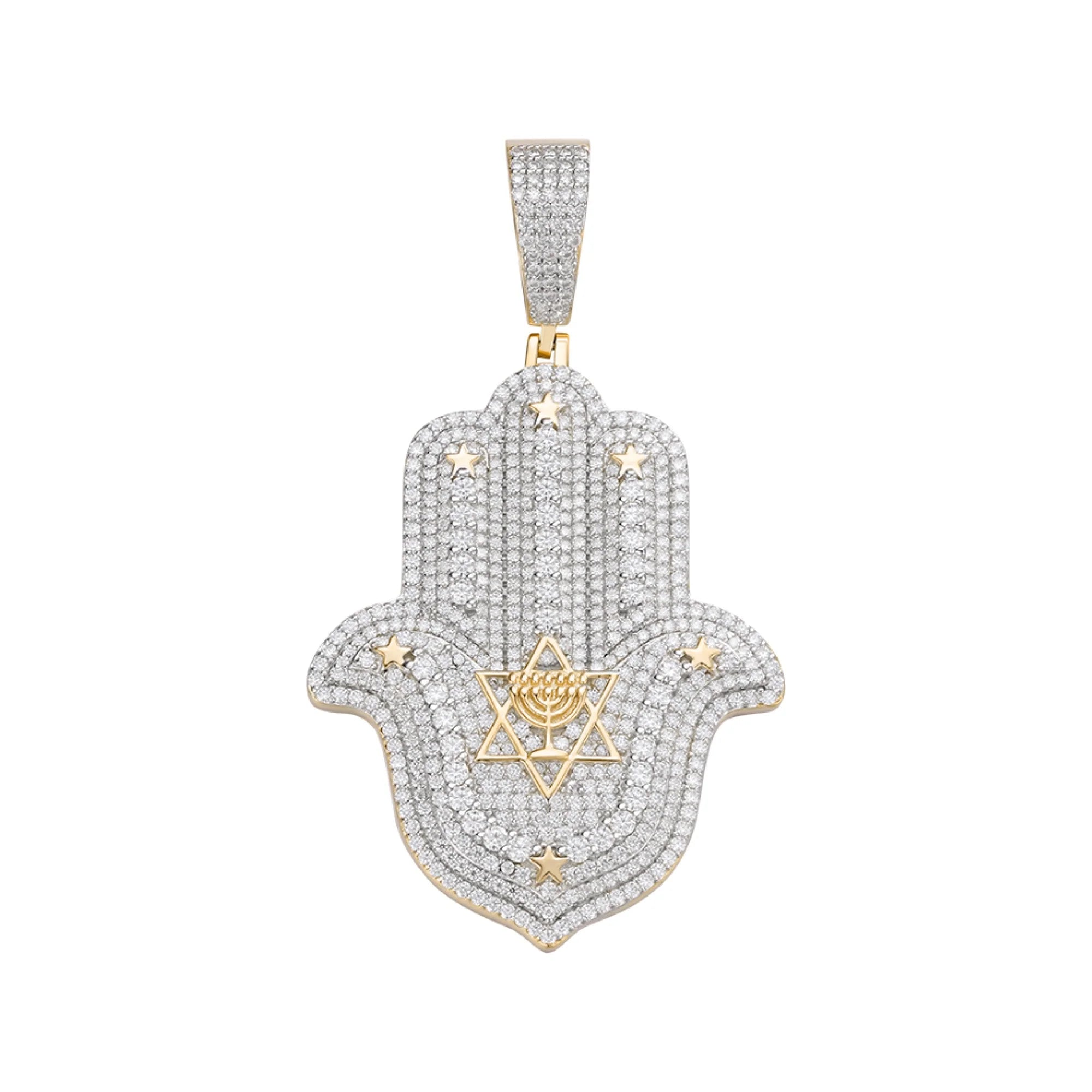 Moissanite Hamsa Hand Pendant Necklace - 925 Sterling Silver & 14K Gold Plated - Protection Jewelry for Women, Gift for Birthday, Wedding, Anniversary