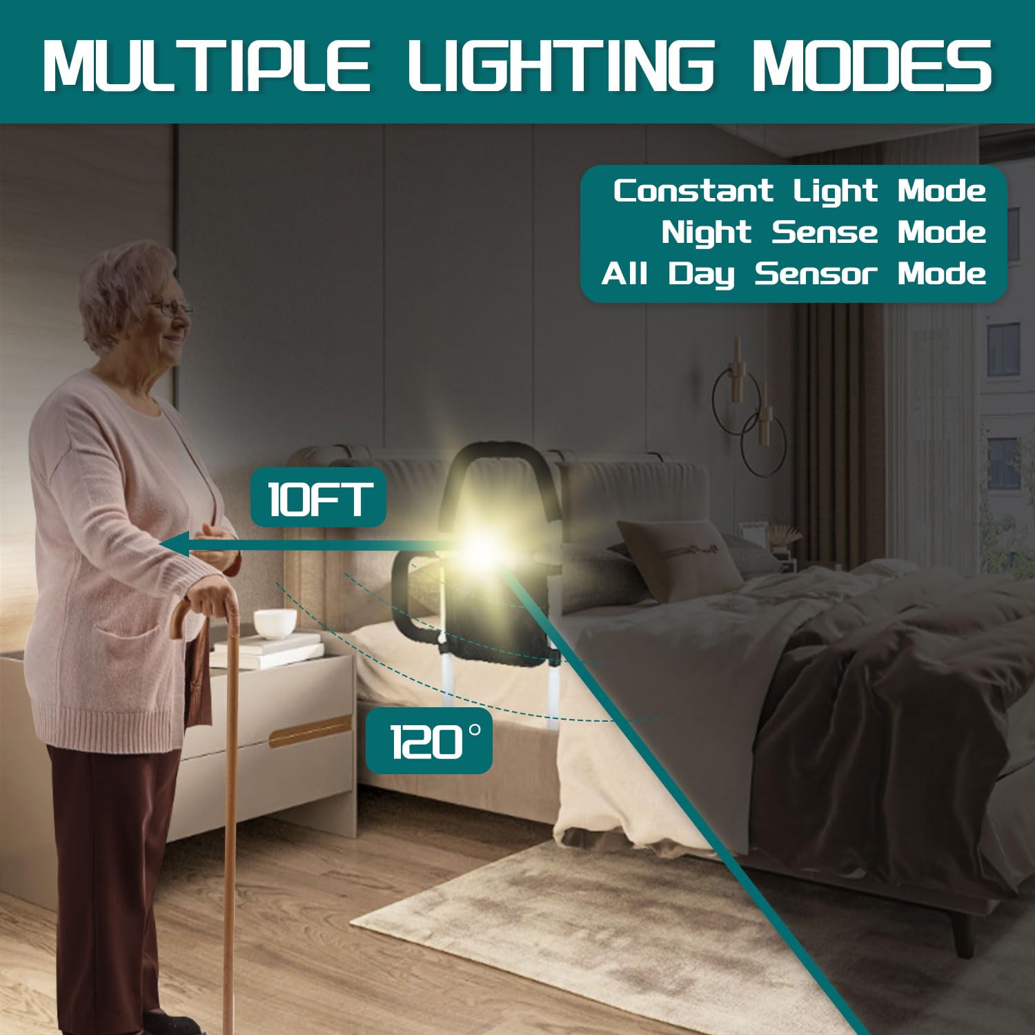 Elderly Bed Safety Rails with Motion Sensor Light & Storage Pocket - Adjustable Bed Assist Bar for Seniors, Bed Cane for Easy In & Out - Perfect for Home Care, Hospital Beds & Mobility Assistance
