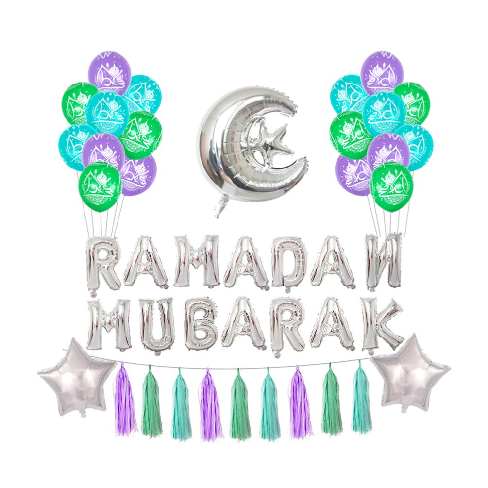 PRETYZOOM Eid Mubarak Latex Balloons - Ramadan Foil Balloons Decorations - Silver Islamic Party Supplies for Home, Mosque & Festival Celebrations