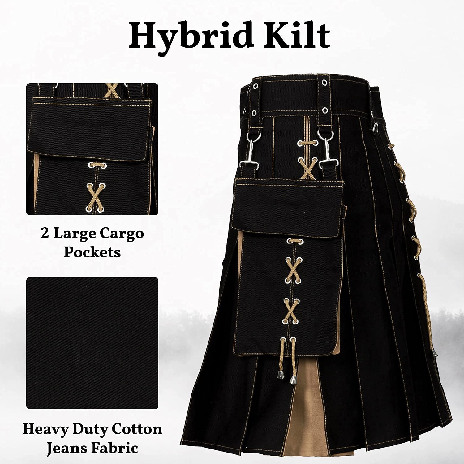 Men's Hybrid Utility Kilts - 100% Cotton Sport Kilt with Traditional Highland Style & Jeans Comfort (32 Waist, Black/Khaki) | Perfect for Outdoor Activities, Festivals & Casual Wear