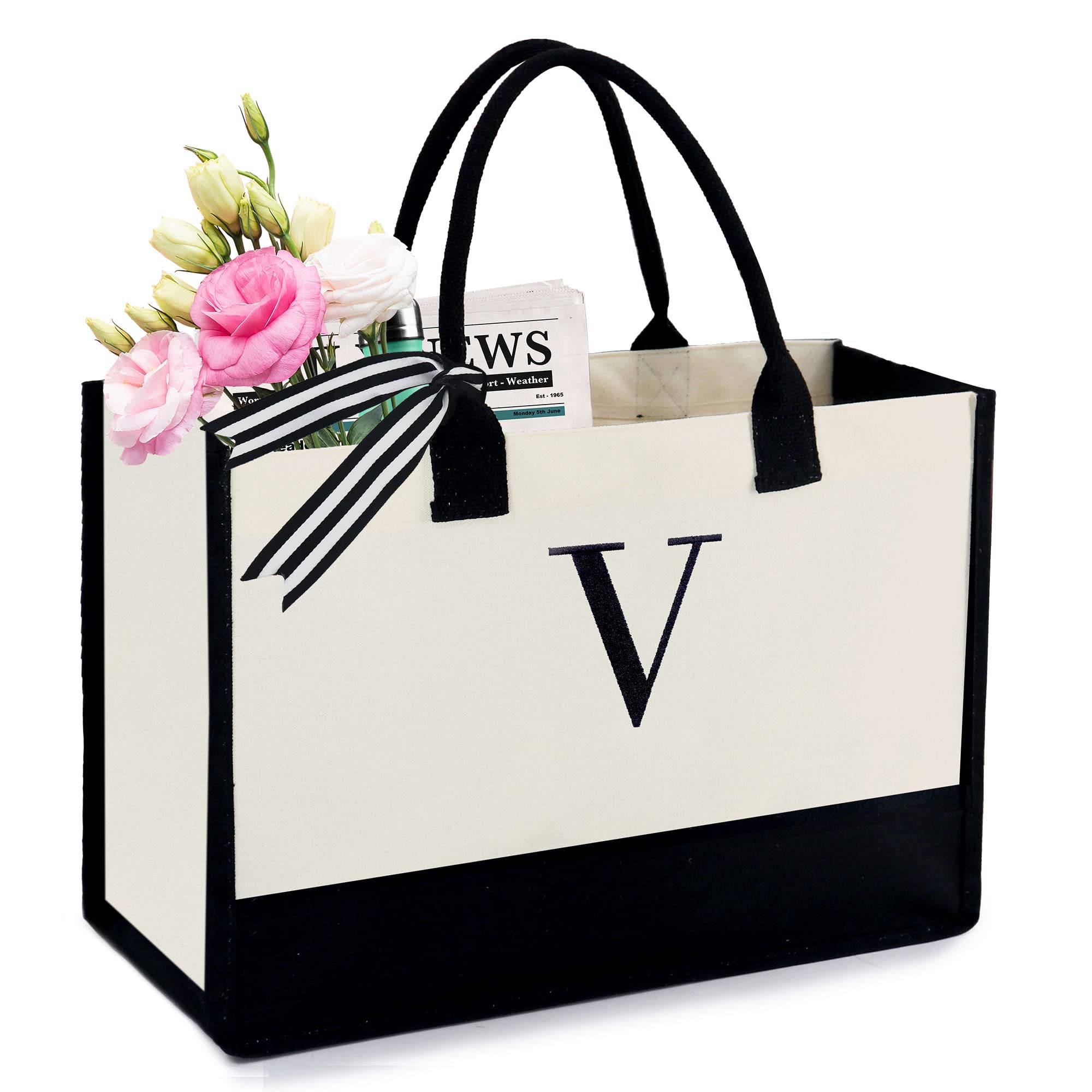 BeeGreen Personalized Initial Tote Bag for Women - 13oz Canvas Gift with Pocket - Birthday Present for Sister, Mom, Friends & Teacher - Perfect for Work, Shopping & Beach Outings