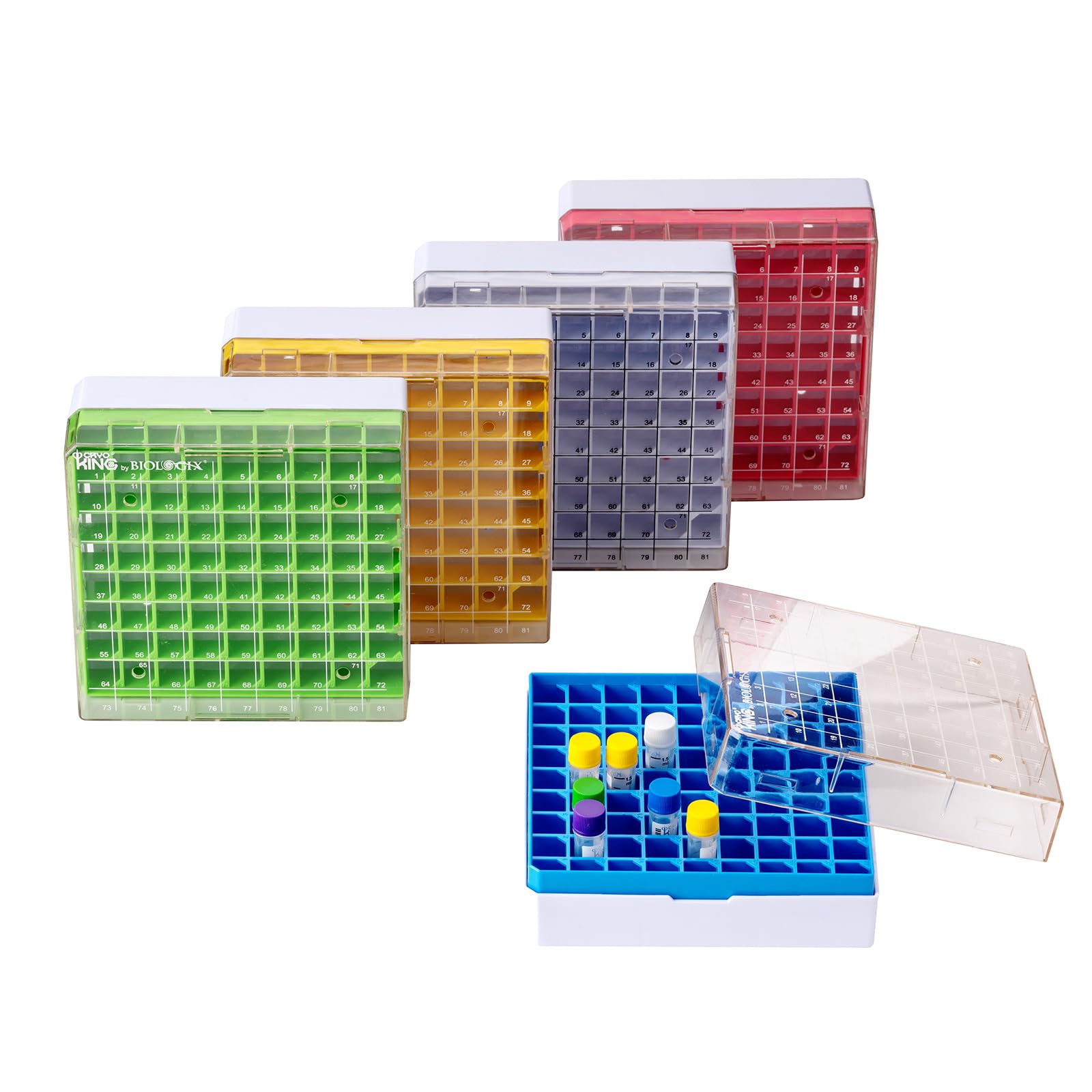2in1 81-Well PC Lab Freezer Box & Cryogenic Storage Box - 5 Pack Assorted Colors Microtube Organizer for PCR Tubes, DNA/RNA Samples | Ideal for Laboratory, Medical Research & Biobanking