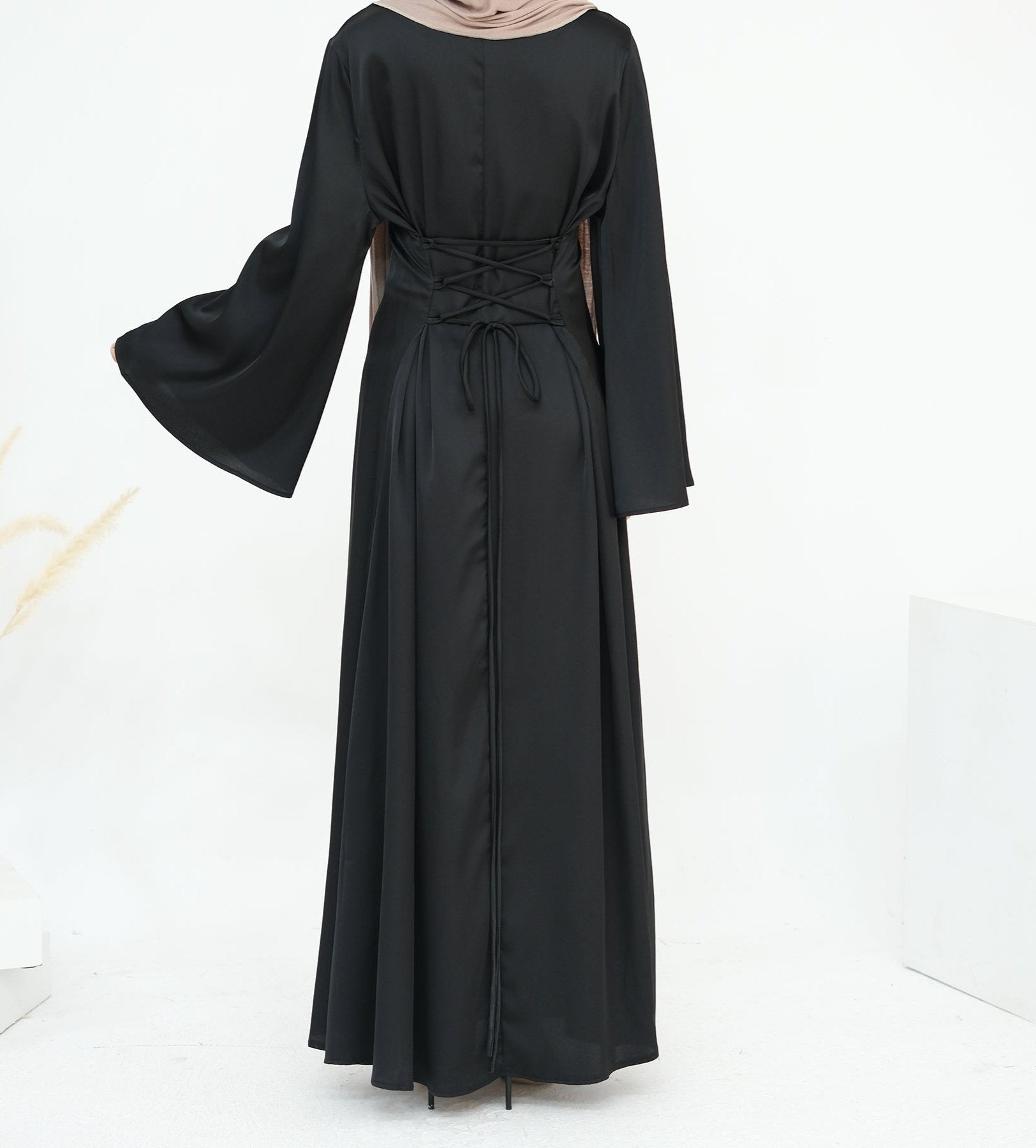 Elegant Calista Trumpet Sleeves Satin Dress in Black - Perfect for Evening Parties, Weddings & Special Occasions