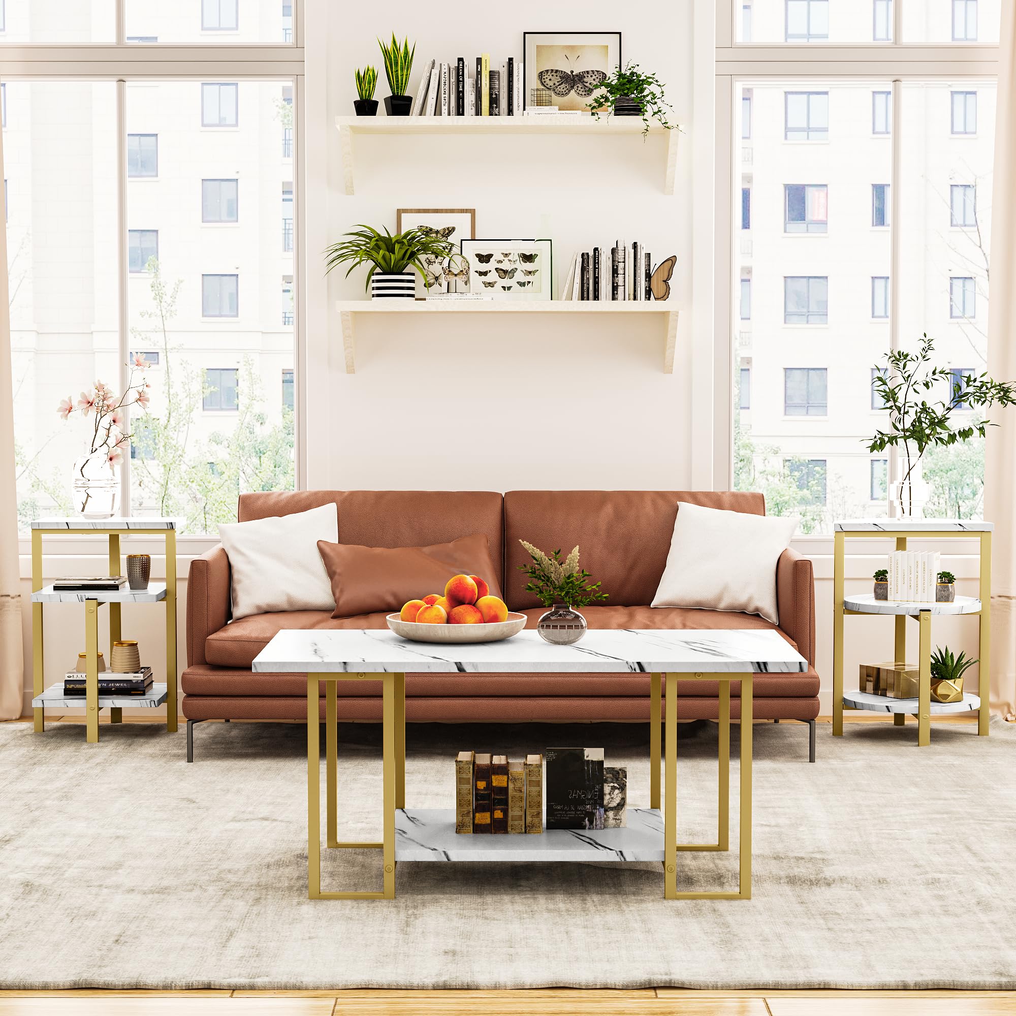 Stylish AWQM Faux Marble Coffee Table Set with 2 Side Tables - White & Gold Metal Frame 3-Piece Living Room Furniture for Apartments | Perfect for Small Spaces, Modern Decor & Entertaining Guests