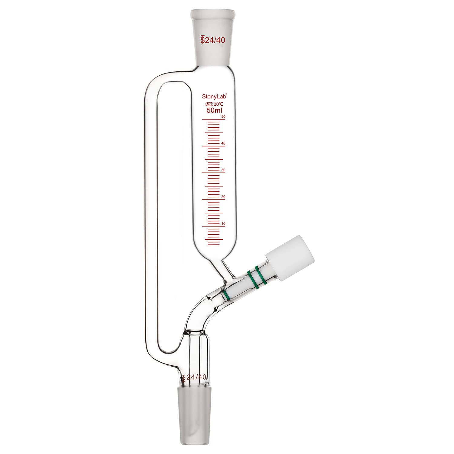Stonylab 50ml Borosilicate Glass Graduated Pressure Equalizing Addition Funnel with 24/40 Joint & Vacuum Valve - Laboratory Dropping Funnel for Chemical Experiments, Distillation & Precise Liquid Transfer