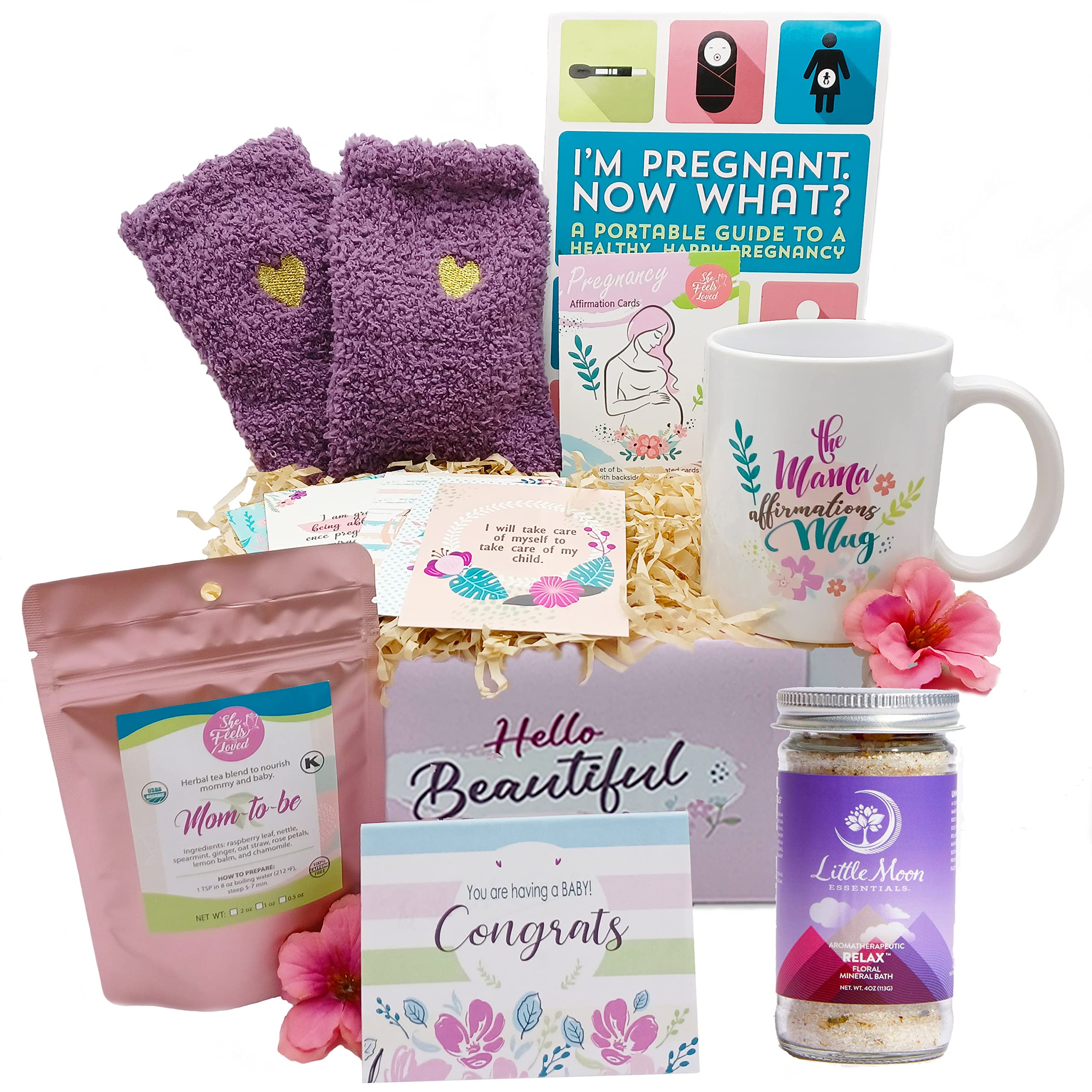 16-Piece New Mom Gift Basket - Pregnancy Care Package with Logbook, Affirmation Cards & Herbal Tea - Thoughtful 1st Trimester Gifts for Expecting Mothers by SHE FEELS LOVED | Perfect Baby Shower, Gender Reveal & Maternity Gift Idea