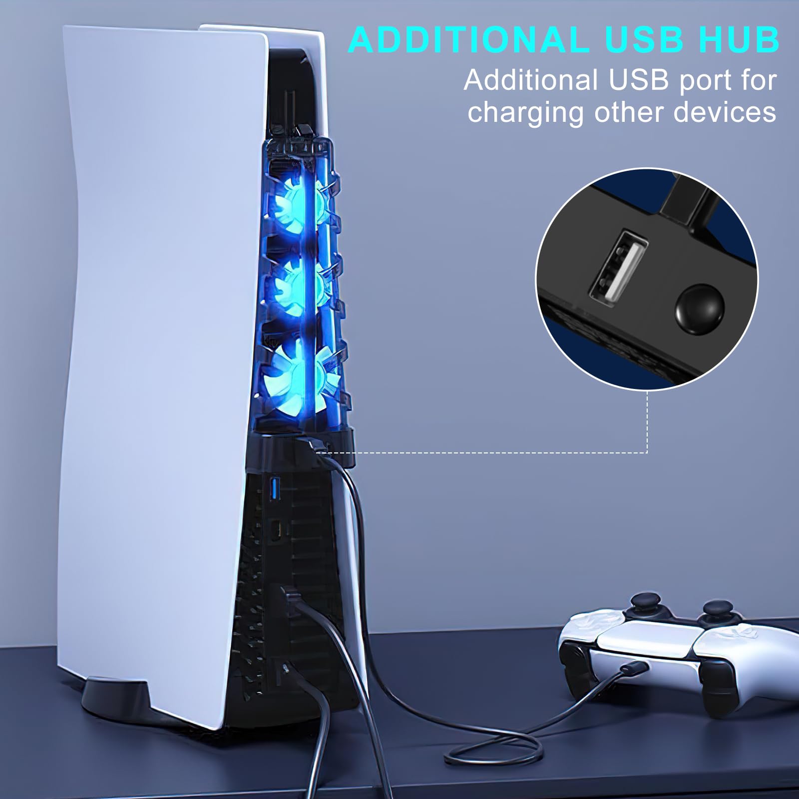 PS5 Cooling Fan with USB Port & 3 Fans - Compatible with PlayStation 5 Console (Ultra HD/Digital Edition) - Black - Perfect for Gaming Sessions & Preventing Overheating