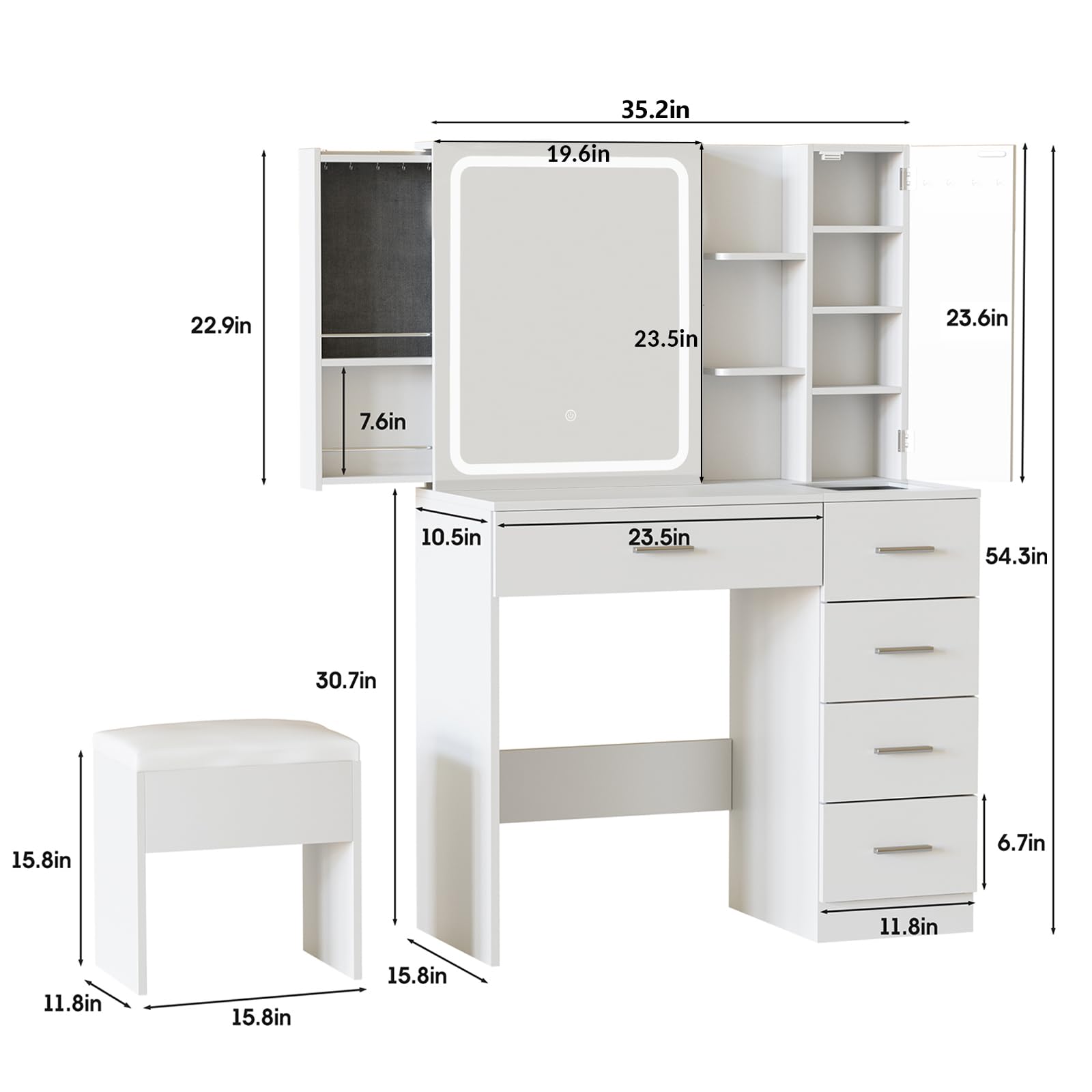 Fameill White Vanity Desk with Mirror and LED Lights - Makeup Dressing Table Set with Power Strip, Sliding Locker & 5 Drawers - 3 Lighting Modes for Bedroom, Dorm or Beauty Salon - Perfect for Makeup Application, Skincare Routine & Jewelry Organization