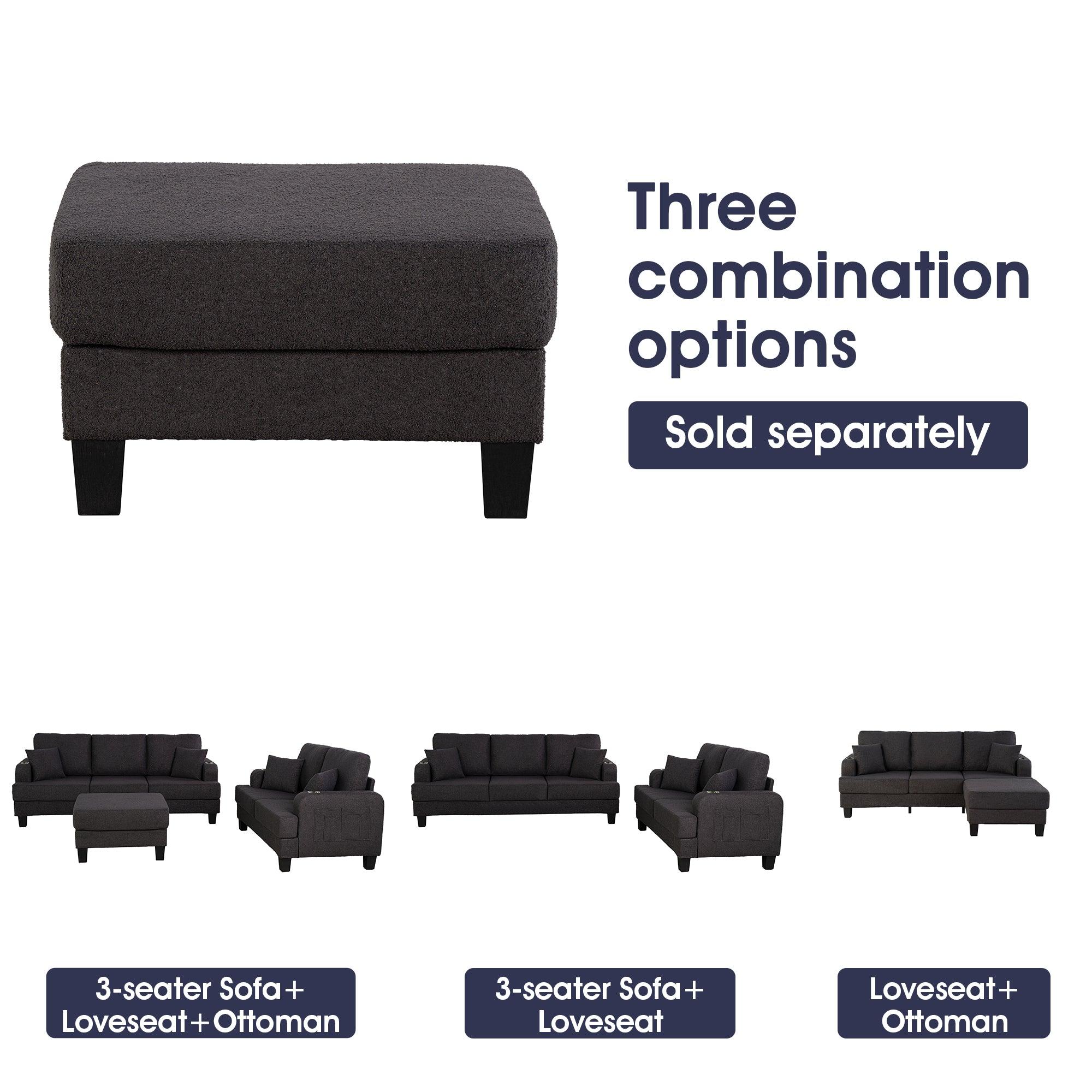 Dark Gray 3-Piece Sofa Set with Storage Ottoman & USB Charging - Modern Living Room Furniture for Small Spaces, Perfect for Apartments, Dorms and Cozy Homes