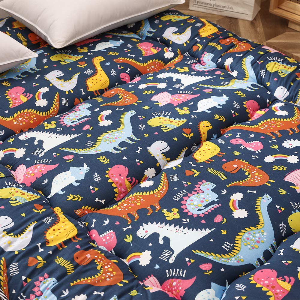 Dinosaur Themed Japanese Floor Futon Mattress for Kids - Thick Tatami Sleeping Pad, Foldable Bed Roll, Floor Lounger for Boys & Girls - Queen Size for Bedroom, Playroom & Sleepovers