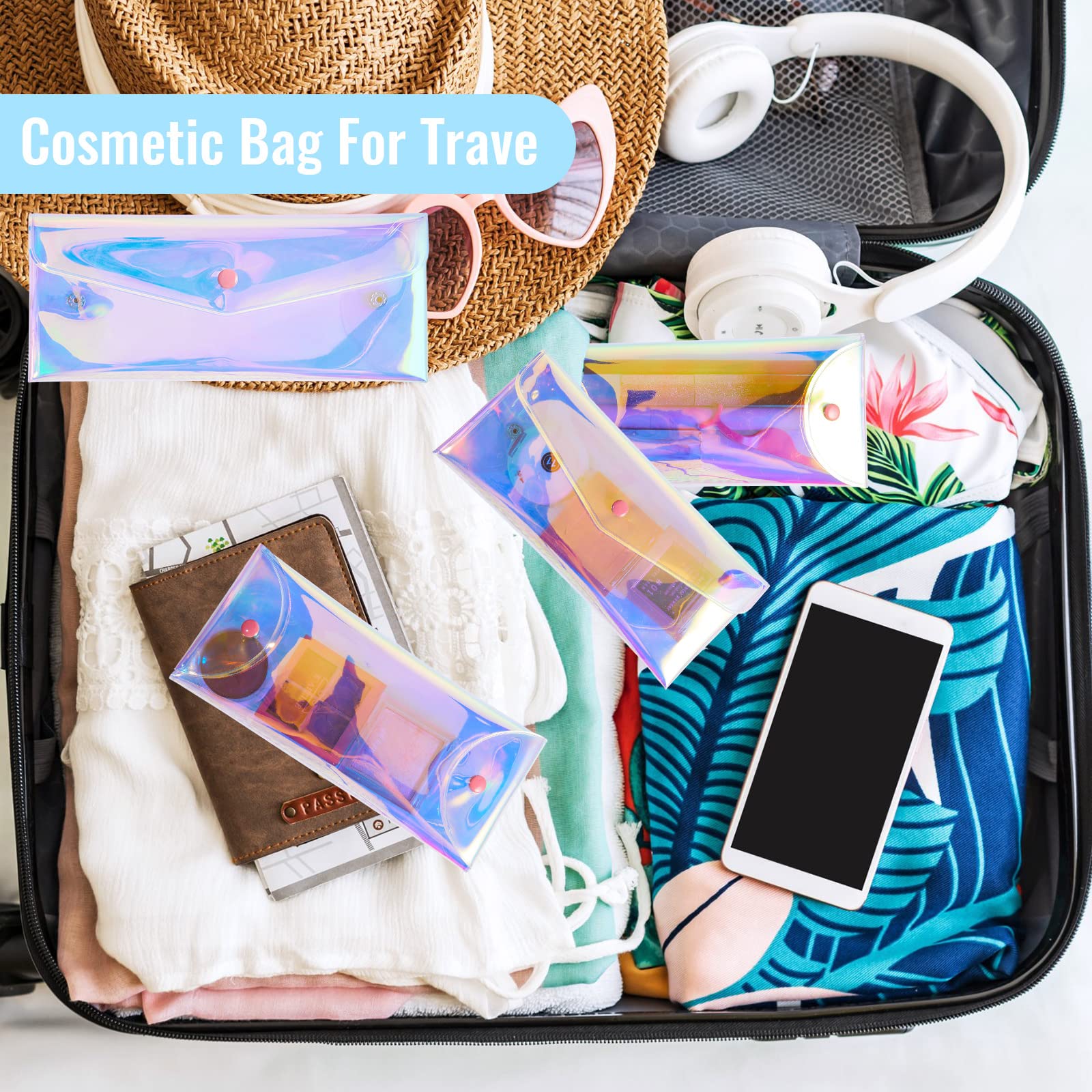 3 Pack Holographic Makeup Bag Set - Clear Transparent Iridescent Cosmetic Pouch for Women, Medium Size Pencil Case & Travel Organizer - Perfect for School, Office, Gym & Daily Essentials Storage