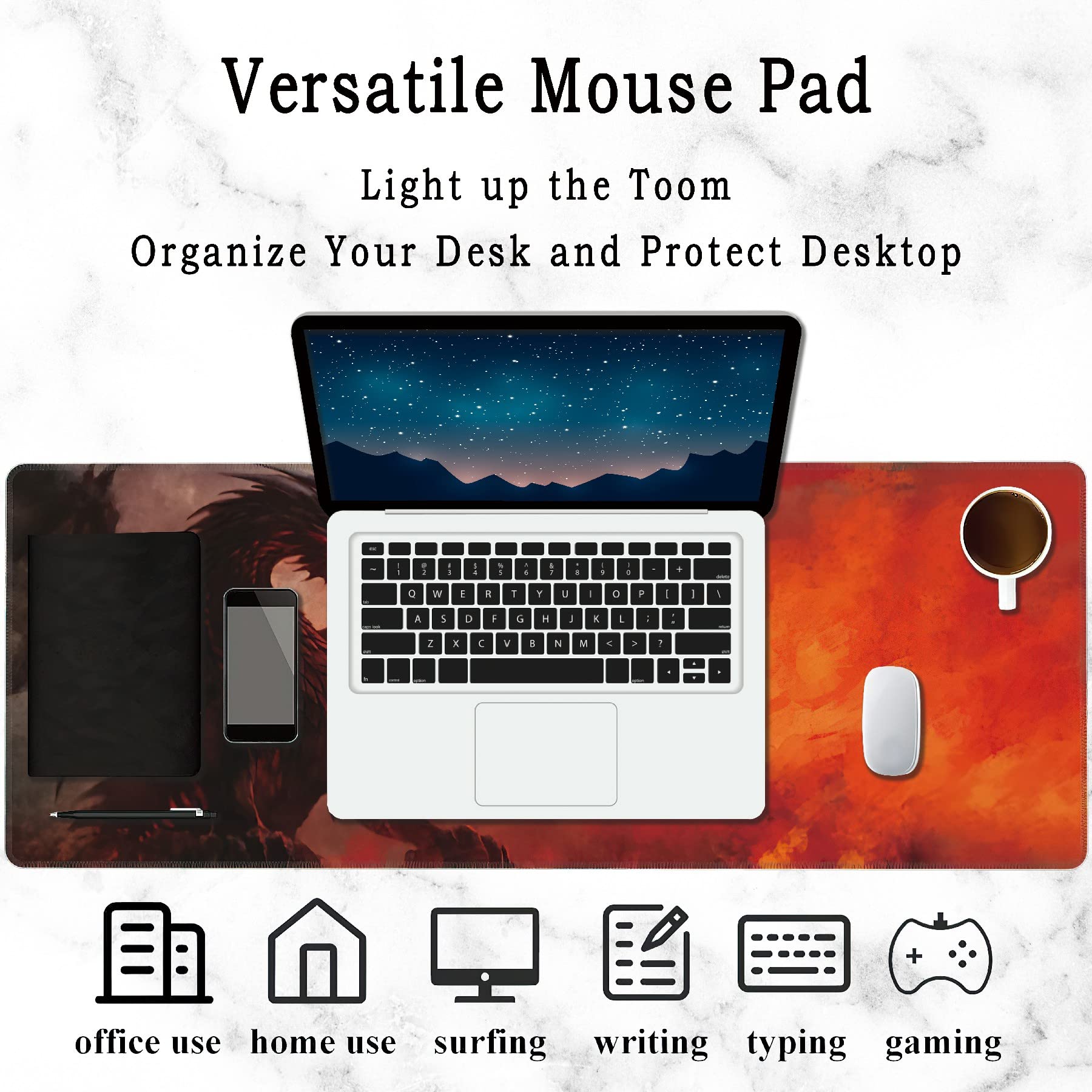 Elightvap Large Gaming Mouse Pad with Dragon Design - Non-Slip Rubber Base & Stitched Edges - 35.5