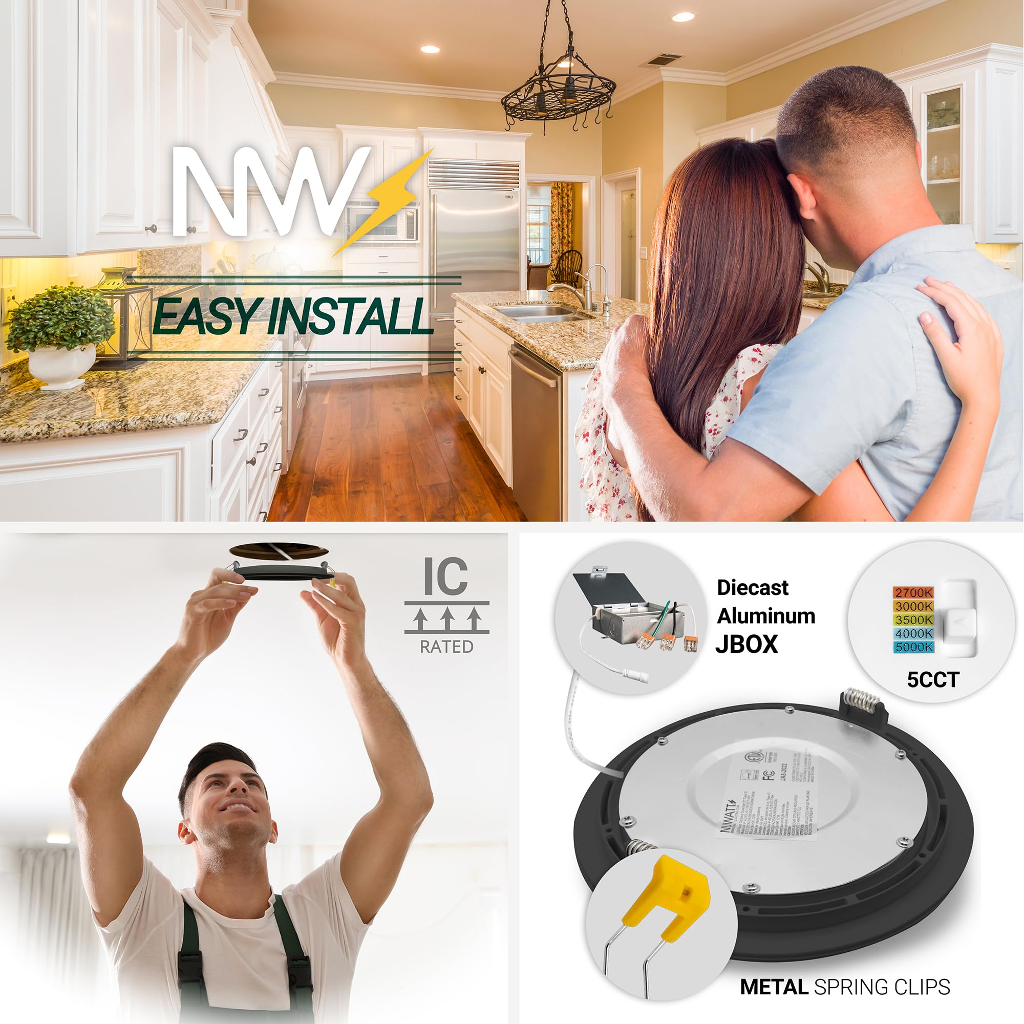 NUWATT 6 Inch Black Gimbal LED Recessed Lighting - 5CCT Adjustable Dimmable Wafer Lights (2700K-5000K) - 1050LM, 12W Canless Downlight for Sloped Ceiling - 6 Pack - Perfect for Living Room, Kitchen & Bedroom Lighting