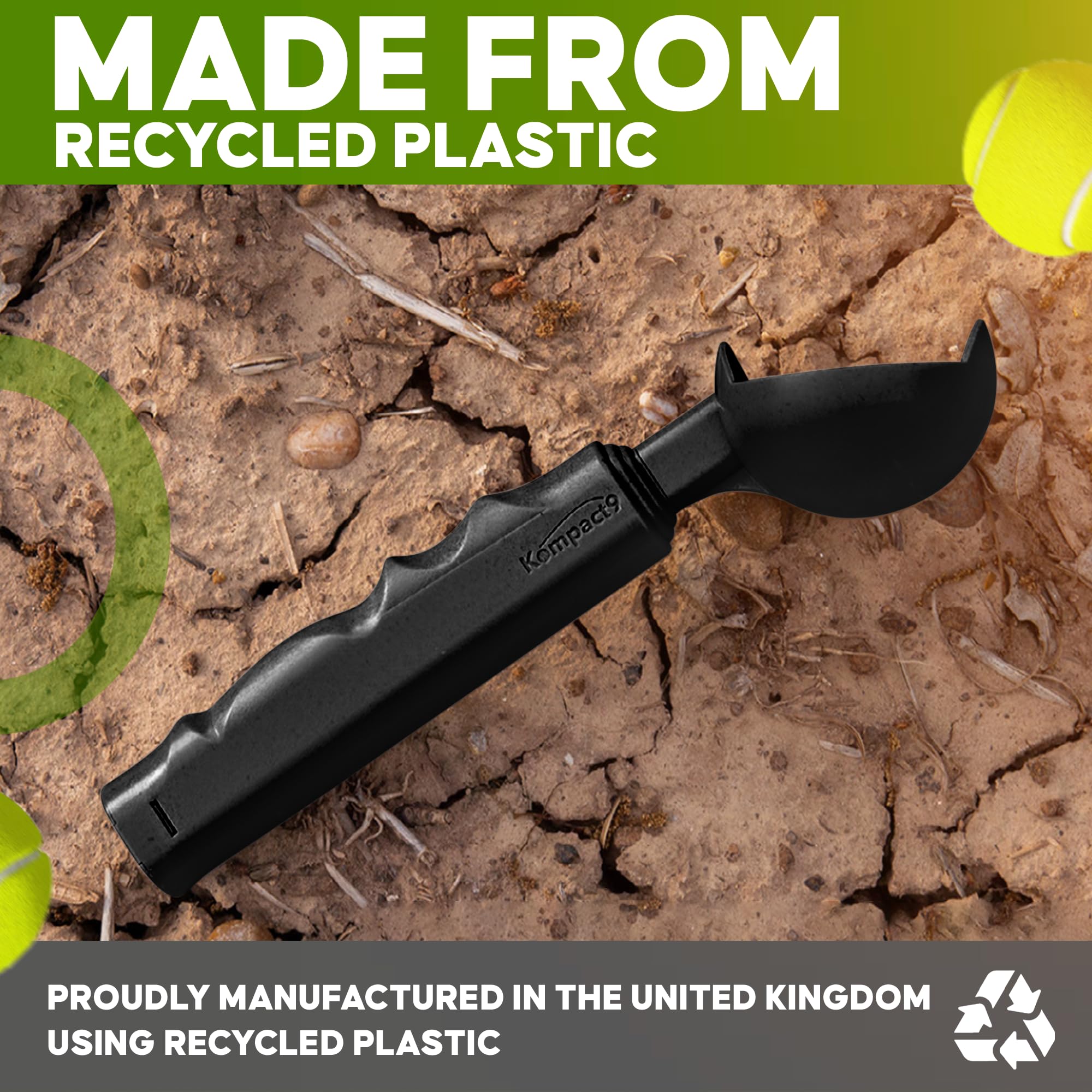 Kompact9 Retractable Pocket-Sized Dog Ball Launcher - Eco-Friendly Portable Fetch Toy for Dogs, Made from Recycled Plastic, UK Designed, Fits Standard Tennis Balls - Perfect for Outdoor Play, Park Exercise & Backyard Training | Black