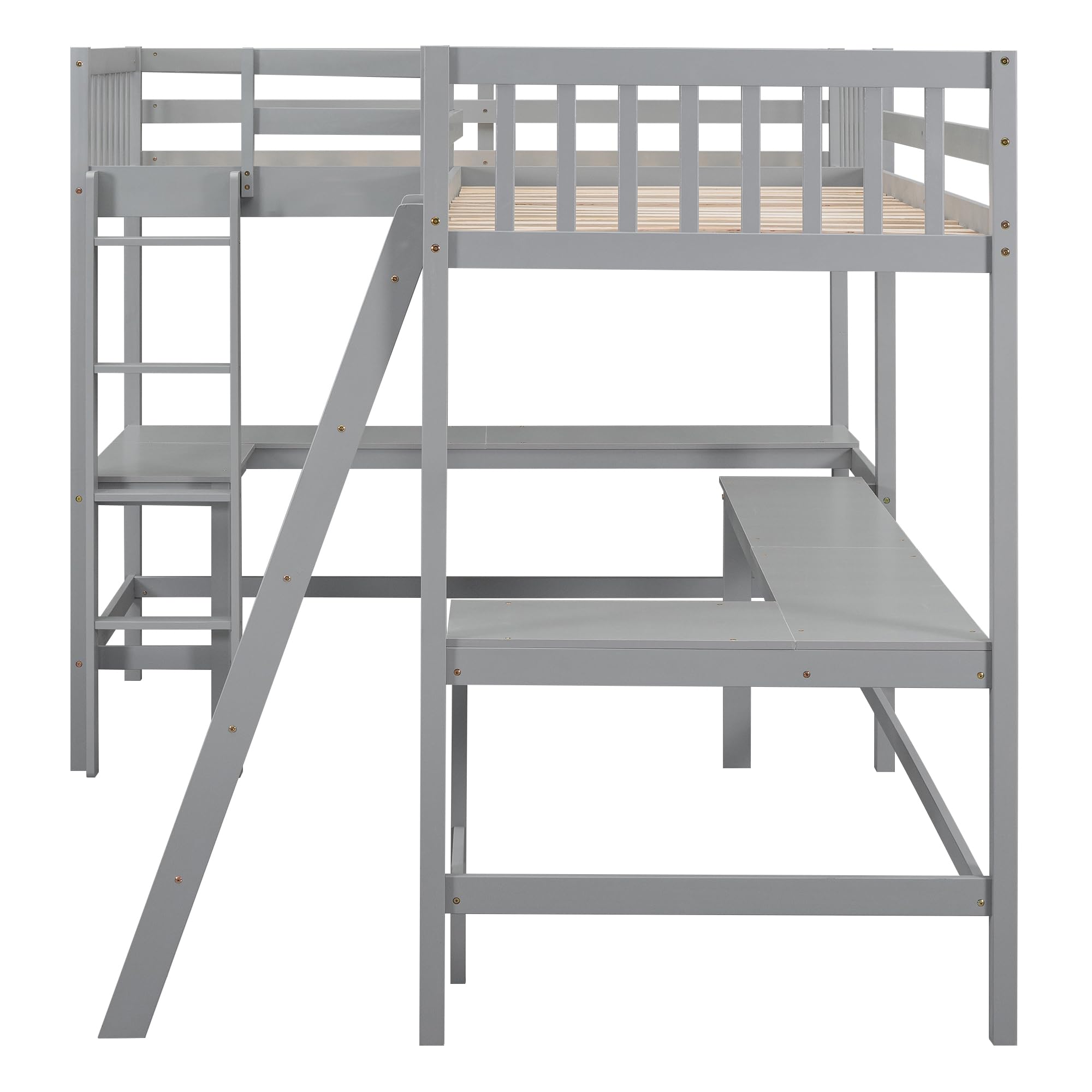 Merax Grey Wood Twin Size L-Shaped Loft Bed with Ladder & 2 Built-in Desks - Space Saving Study & Sleep Solution for Kids & Teens Small Bedrooms