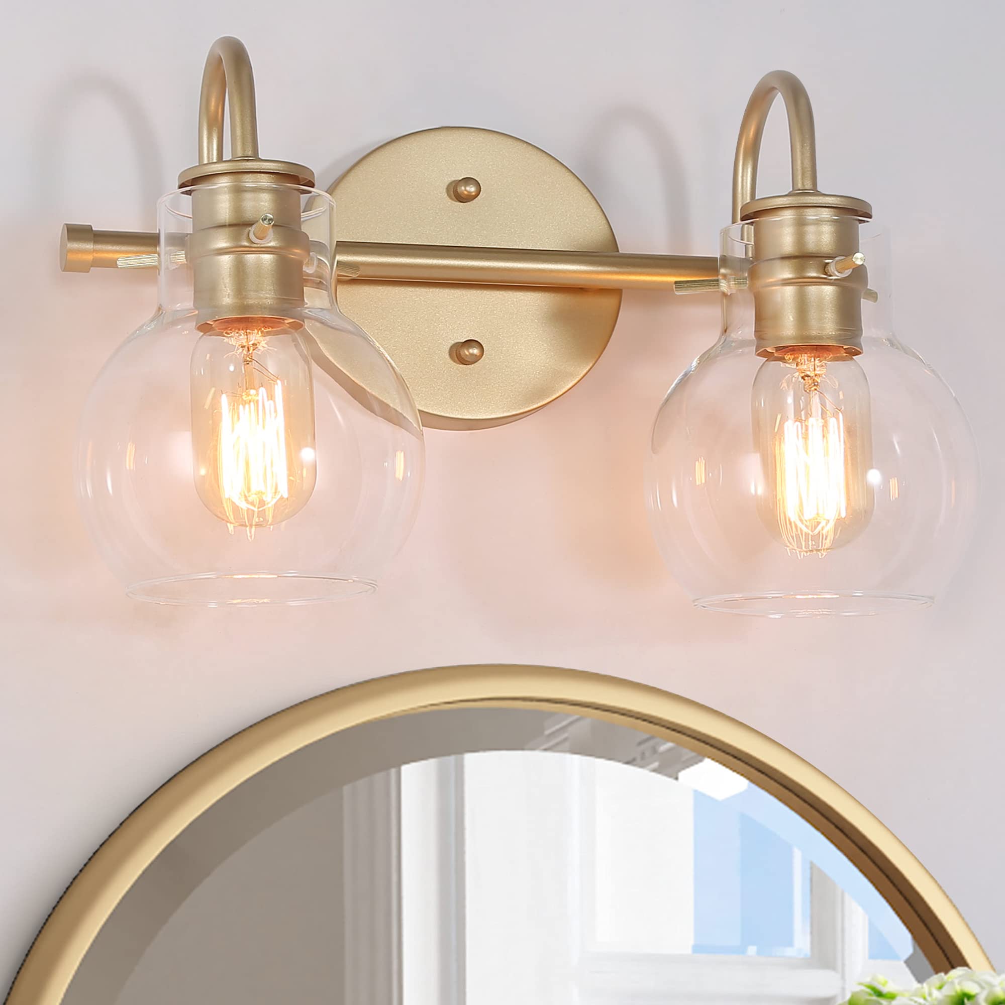 KSANA 2-Light Bathroom Vanity Light Fixture with Clear Glass Globe Shade, Gold Modern Bathroom Lighting for Vanity, Powder Room, 13