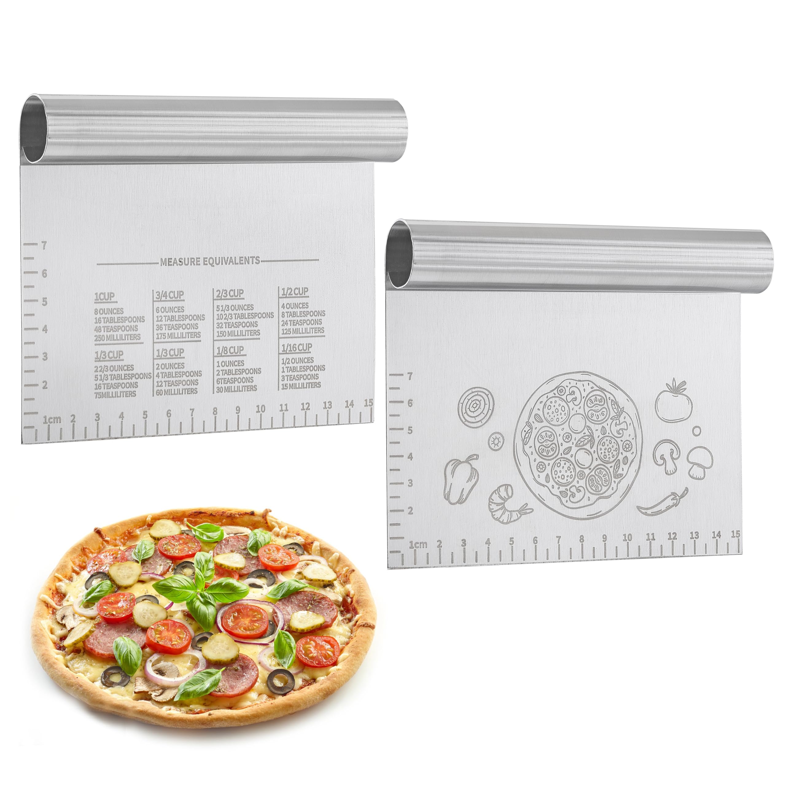 2-Pack Stainless Steel Bench Dough Scraper & Cutter - 6 Inch Professional Kitchen Tool with Protective Cover for Baking, Cooking, Pizza Dough - Perfect for Home Bakers & Commercial Kitchens (Silver)