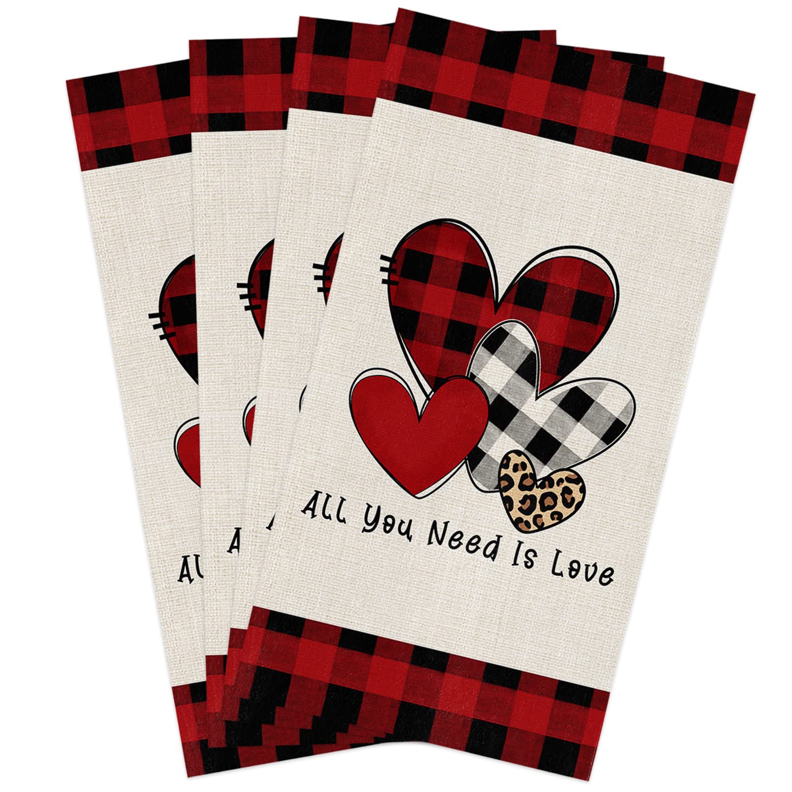 **Premium Microfiber Kitchen Towels Set of 4 - Super Absorbent & Reusable Dish Towels, Tea Towels & Bar Towels (18x28 Inch) - Valentine's Day Love Heart Red & Black Buffalo Plaid Design - Perfect for Kitchen Cleaning, Drying Dishes & Decor**