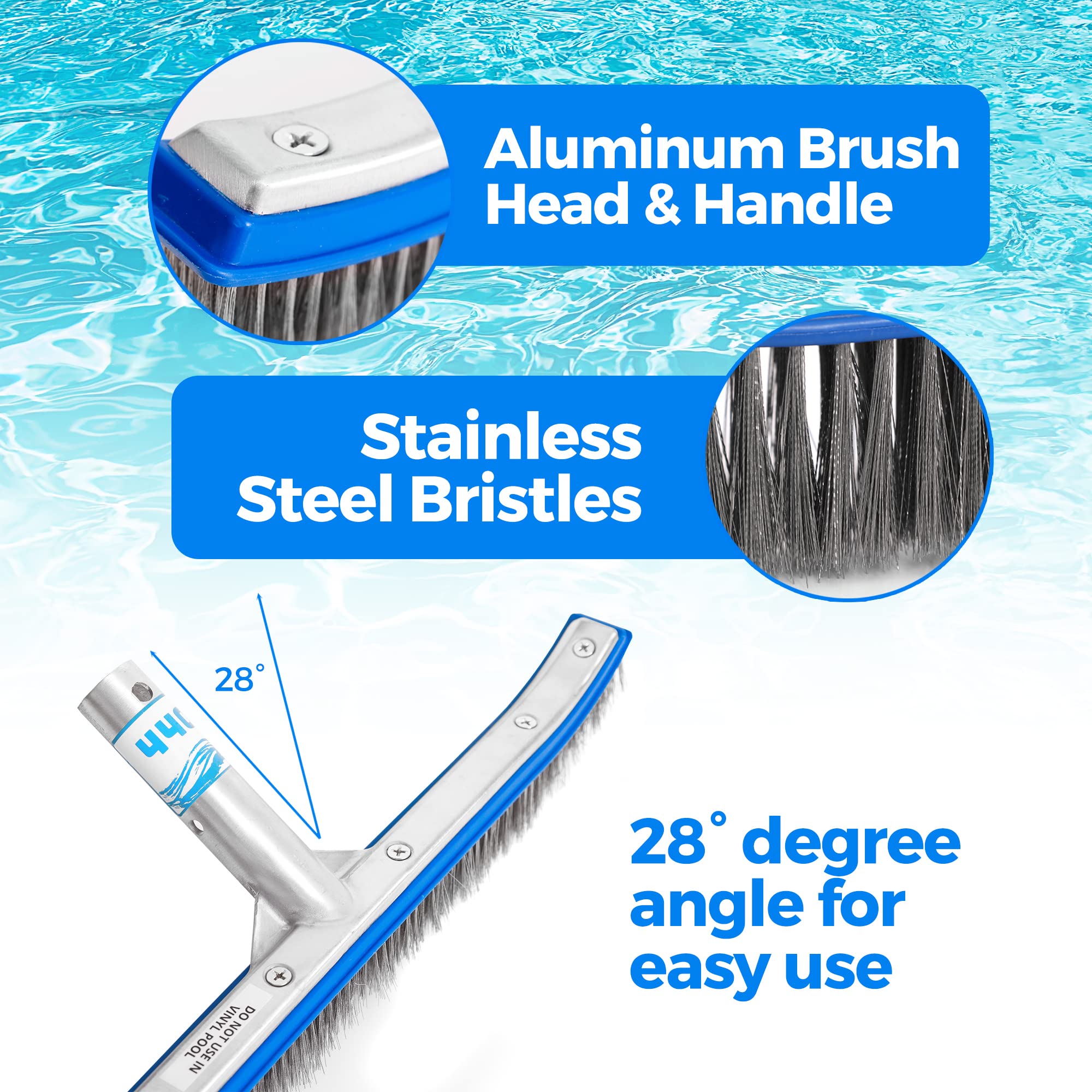440 Heavy Duty Pool Brush - 18-Inch Extra-Wide Stainless Steel Wire Bristle Brush for Cleaning Pool Tiles, Walls, Floors & Steps - Professional Swimming Pool Maintenance Tool for Concrete, Vinyl & Fiberglass Pools