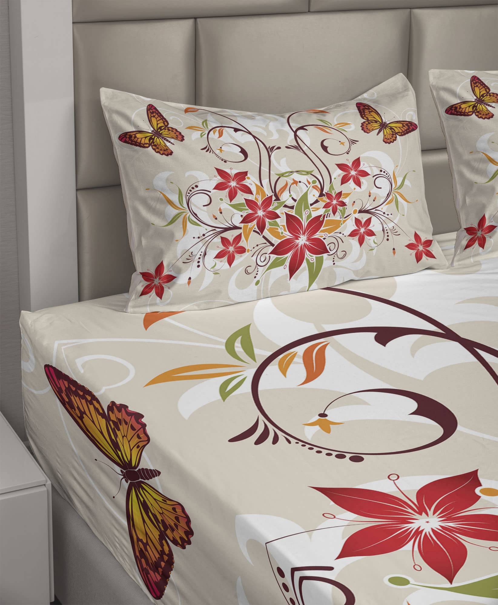Ambesonne Floral Sheet Set 4-Piece King Size - Butterflies & Swirled Blossoms Botanical Design, Beige Green Red Bedding with Fitted Sheet, Flat Sheet & Pillowcases | Perfect for Master Bedroom, Guest Room & Bohemian Home Decor