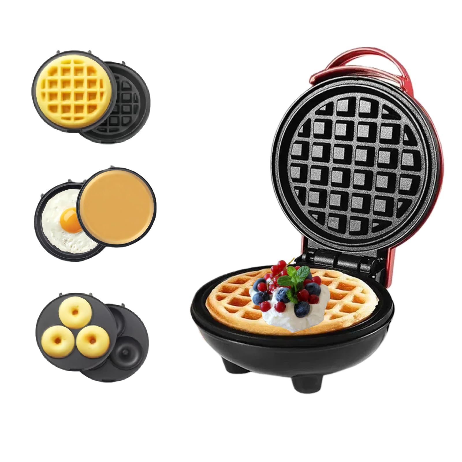 3-in-1 Mini Waffle Maker with Removable Plates for Waffles, Donuts & Pancakes - Nonstick Electric Breakfast Cooker - Easy to Clean - Perfect Holiday Gift (Red) - Ideal for Home Kitchen, Dorm Room & Small Space Cooking