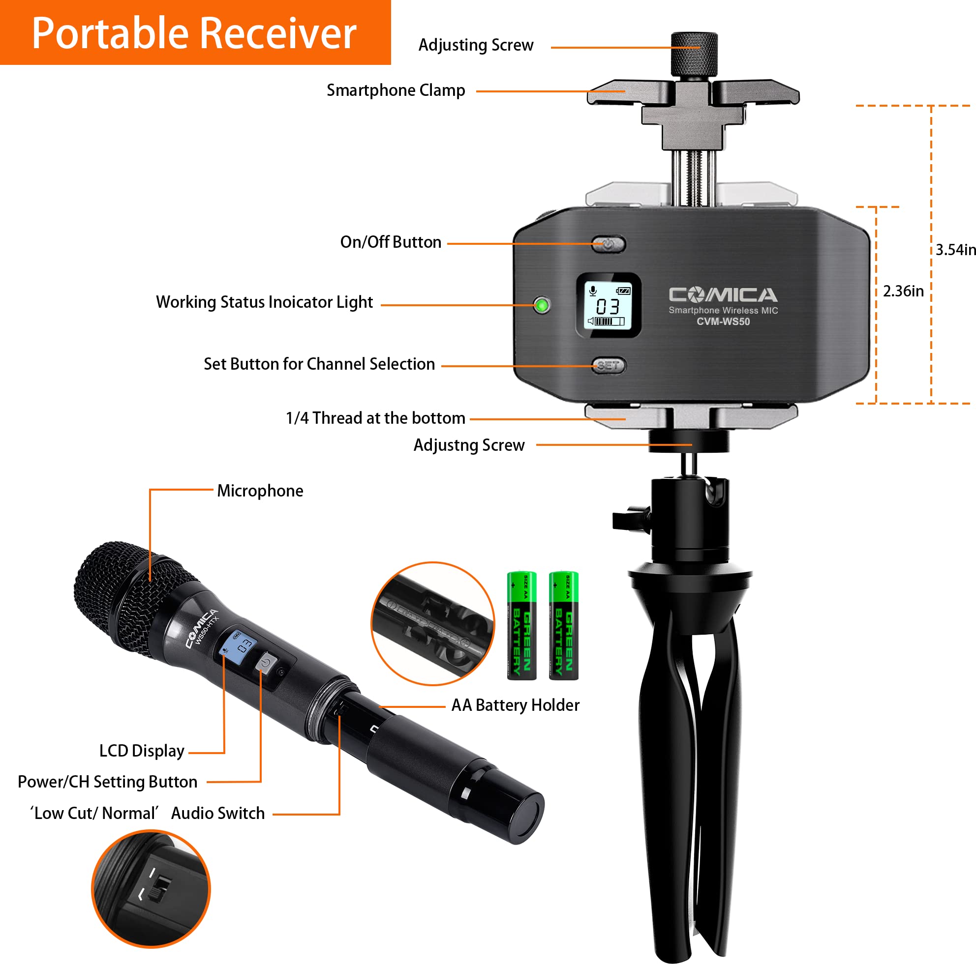 Comica CVM-WS50(H) Wireless Microphone System - 6 Channel Handheld Interview Mic with Flexible Grip for Smartphones & Cameras | Ideal for YouTube Videos, Interviews, Video Conferences, Podcasting & Live Streaming