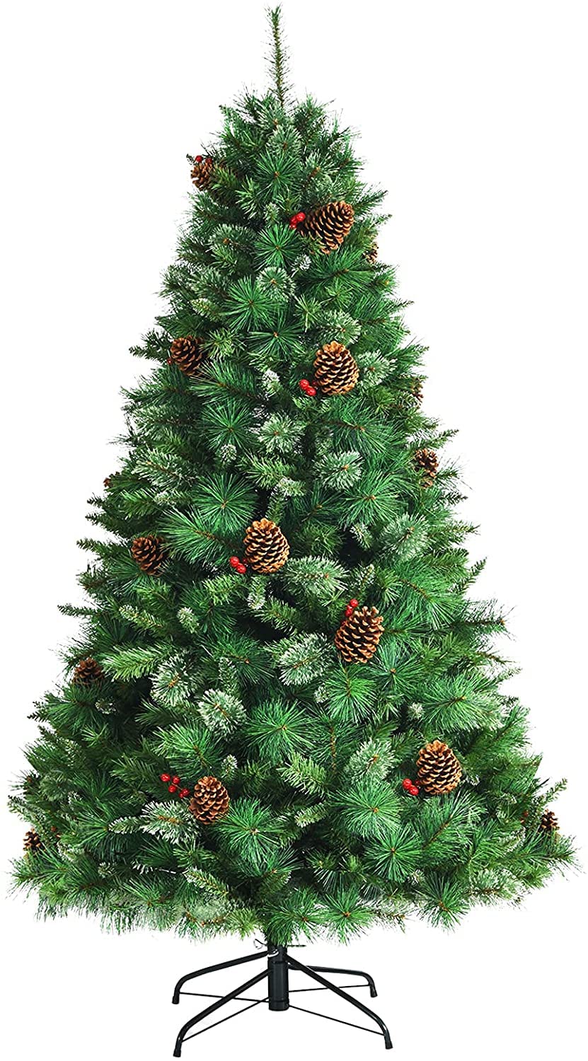 CHEFJOY 7ft Artificial Christmas Tree with Realistic PVC Pine Needles, Red Berries & Pine Cones - Pre-Lit Hinged Xmas Tree with Metal Stand for Easy Assembly | Perfect for Living Room, Office & Holiday Decorations