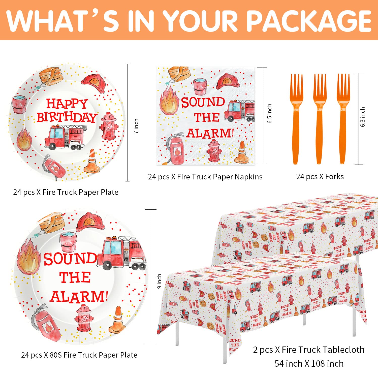 Fire Truck Birthday Party Supplies Set - 24-Piece Firefighter Themed Tableware Kit with Plates, Napkins, Tablecloth & Forks | Perfect for Fireman Birthday Party Decorations & Kids' Themed Celebrations