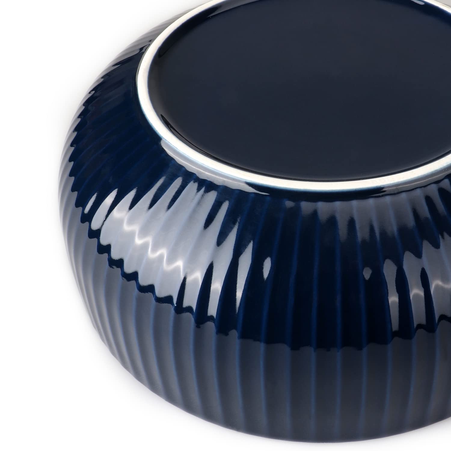 Extra Large 95oz Ceramic Salad Bowl - 2800ml Navy Blue Round Vertical Stripe Serving Bowl for Fruits, Noodles & Soup (23.5x8.8cm) | Perfect for Family Dinners, Party Serving & Kitchen Decor