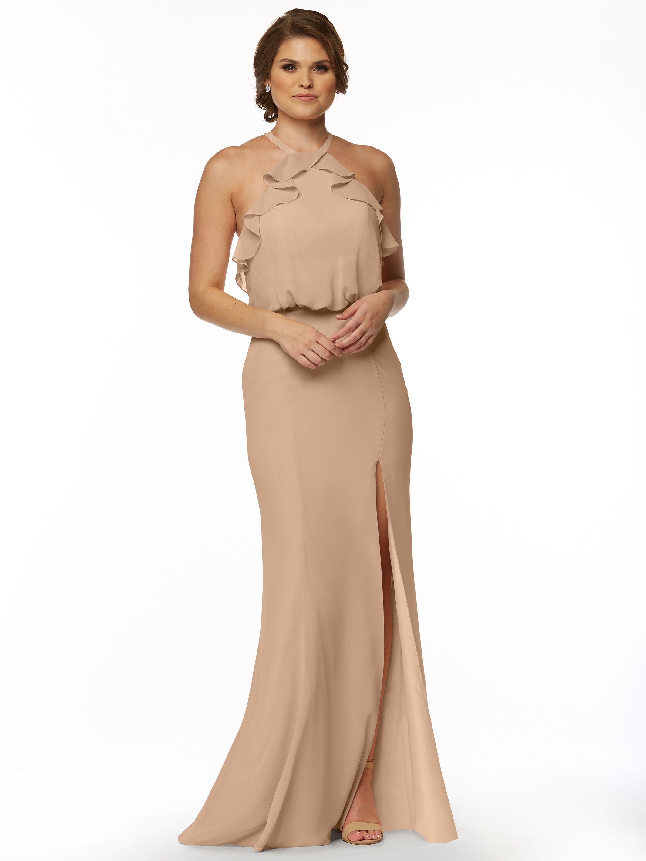 Elegant 80147 Fit and Flare Chiffon Bridesmaid Dress with Ruffled Neckline & Thigh Slit - Perfect for Weddings, Proms, and Formal Events