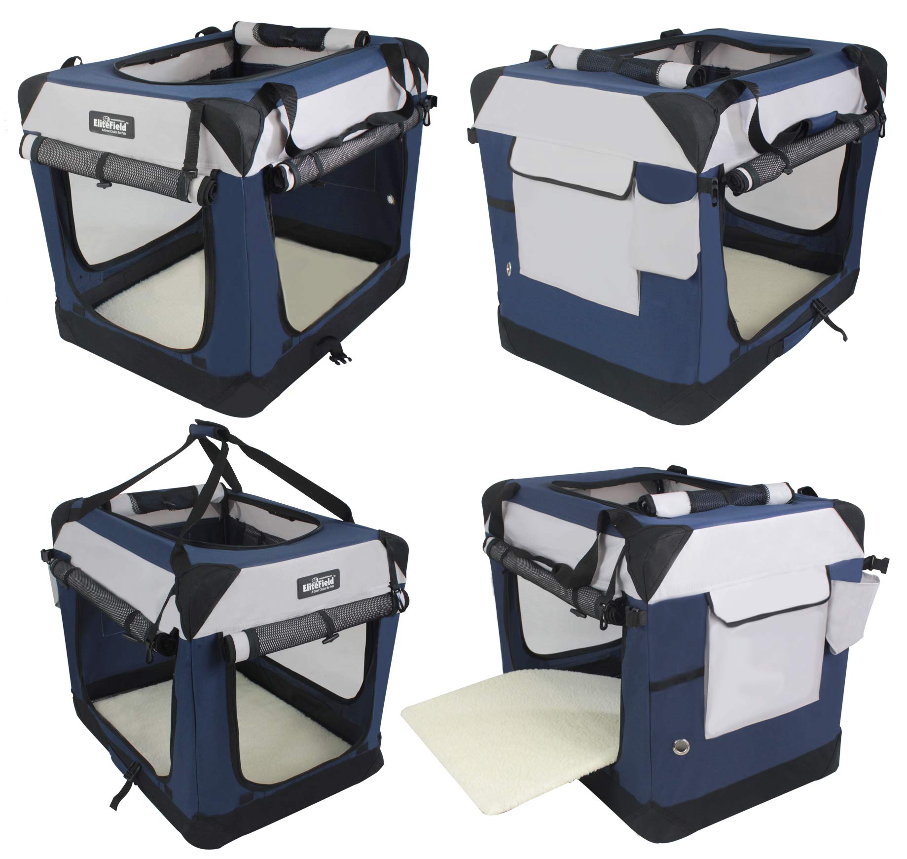 EliteField 4-Door Foldable Soft Dog Crate with Removable Curtains, Portable Carrying Bag & Plush Fleece Bed - Indoor Outdoor Pet Kennel for Travel, Camping & Home (36