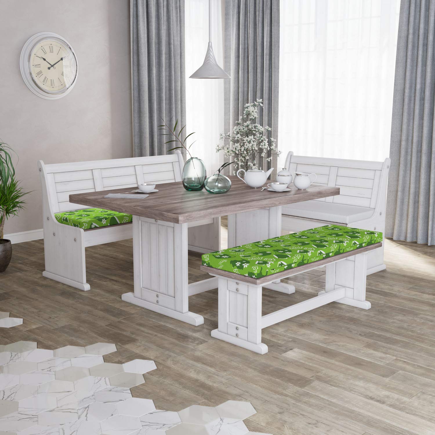 Ambesonne 2-Piece Tea Party Bench Cushion Set - Teapot & Floral Design, 45