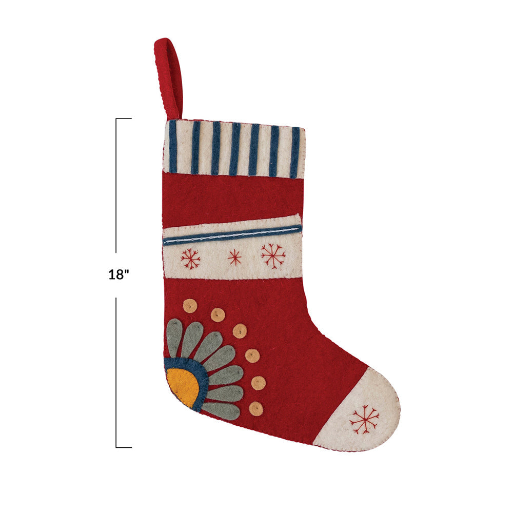 18H Handmade Wool Felt Christmas Stocking with Embroidered Snowflakes & Flowers - Perfect for Holiday Decor, Fireplace Mantel, and Festive Gift Giving