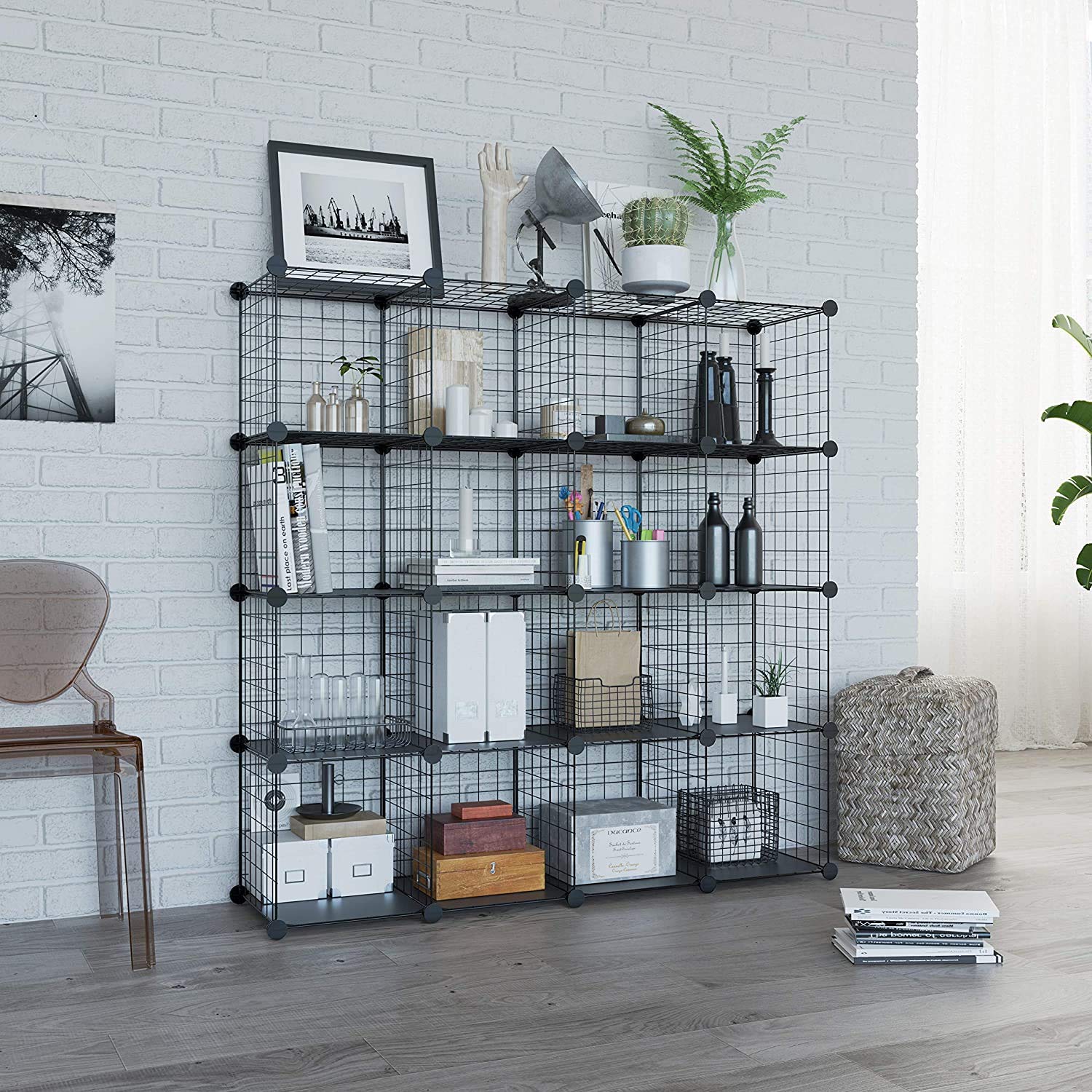 16-Cube Wire Grid Organizer - Multi-Purpose DIY Storage Shelf for Wardrobe, Books & Closet Organization | Perfect for Bedroom, Office & Home Decor
