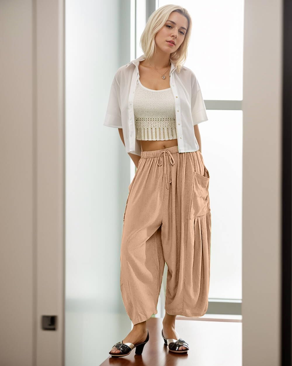 Women's Flowy Linen Pants - Casual Wide Leg Summer Trousers with Drawstring & Pockets | Boho Chic Hippie Pants for Beach, Yoga & Lounge Wear