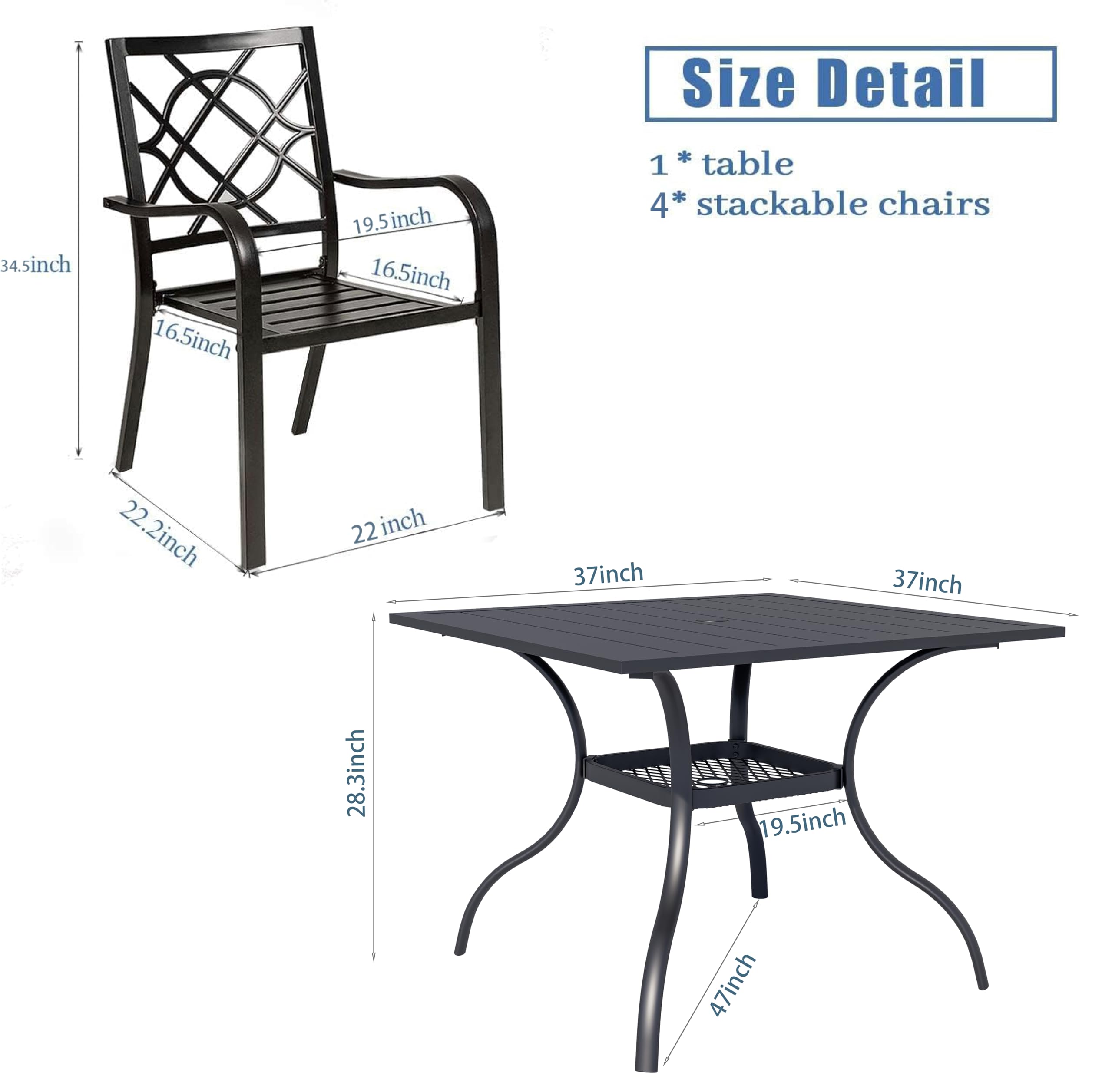 SOLAURA 5-Piece Outdoor Patio Dining Set - 4-Person Metal Table & Stackable Chairs with 1.57