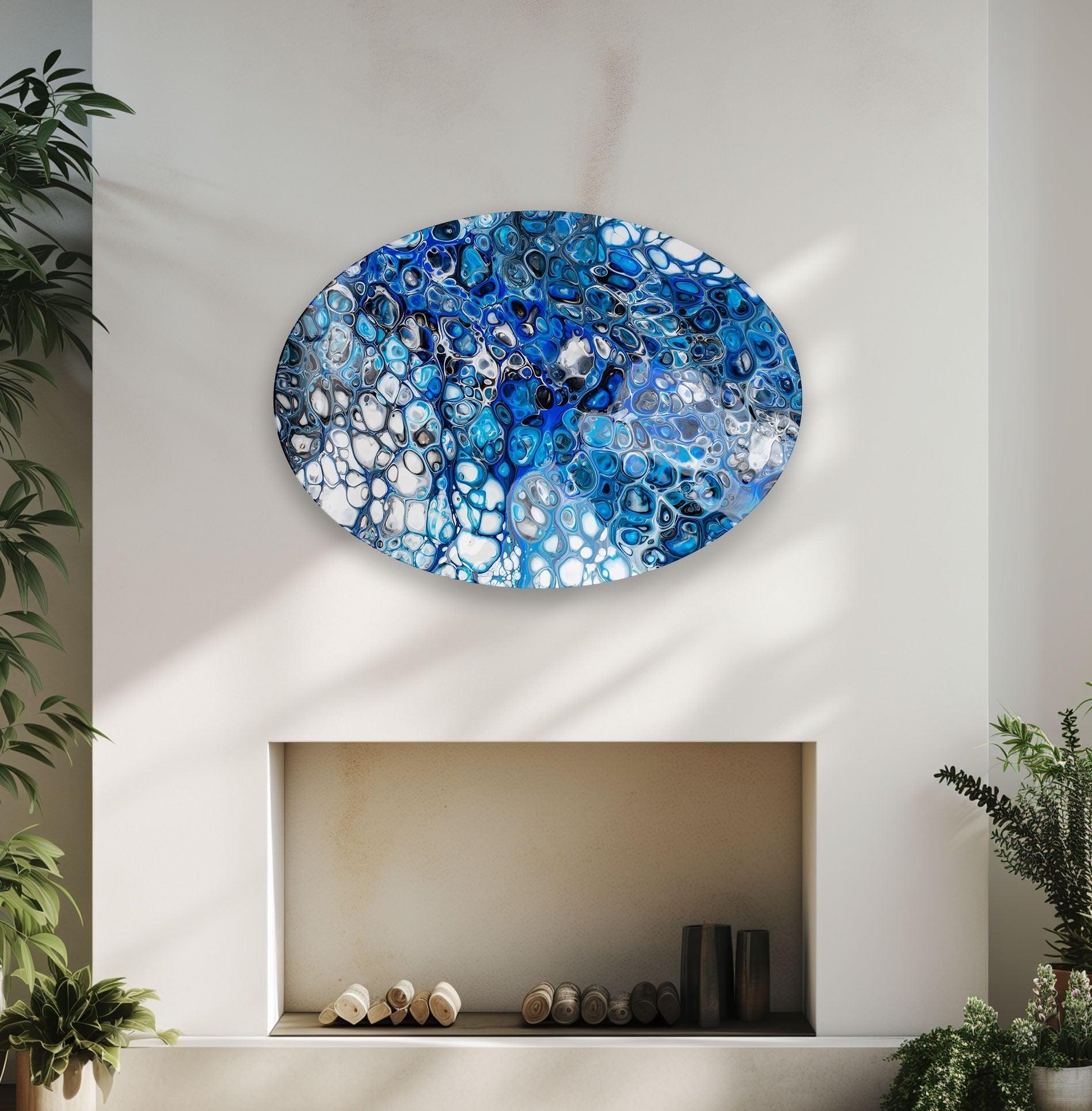 Asymmetrical Oval Stained Navy Blue Glass Wall Art - Handmade Modern Home Decor for Living Room, Bedroom & Office - Unique Abstract Glass Wall Hanging for Contemporary Interior Design