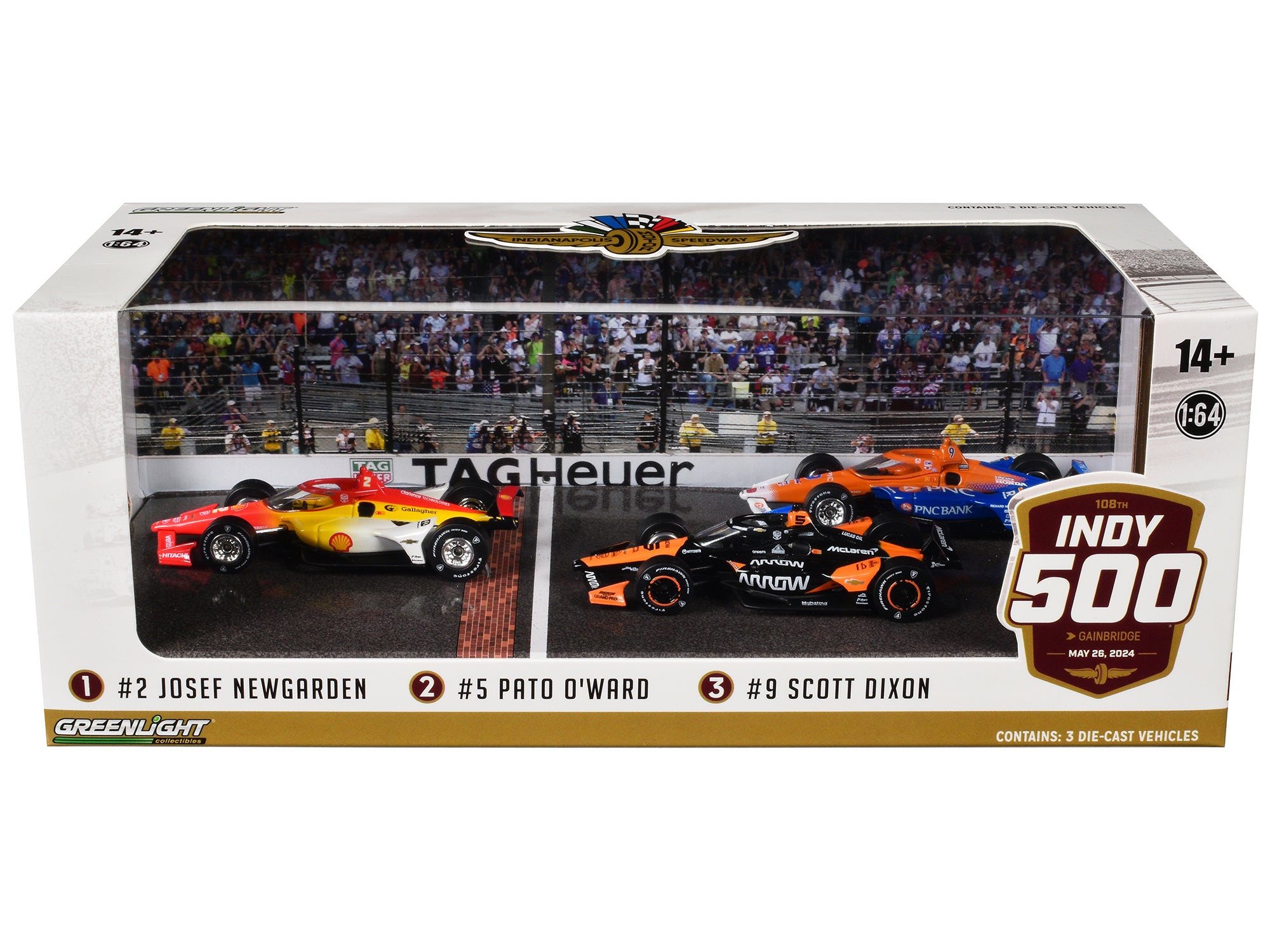 1/64 Scale 2024 Indianapolis 500 Podium Set - 3 Diecast IndyCar Models by Greenlight - Perfect for Racing Fans, Collectors, and Display Cases