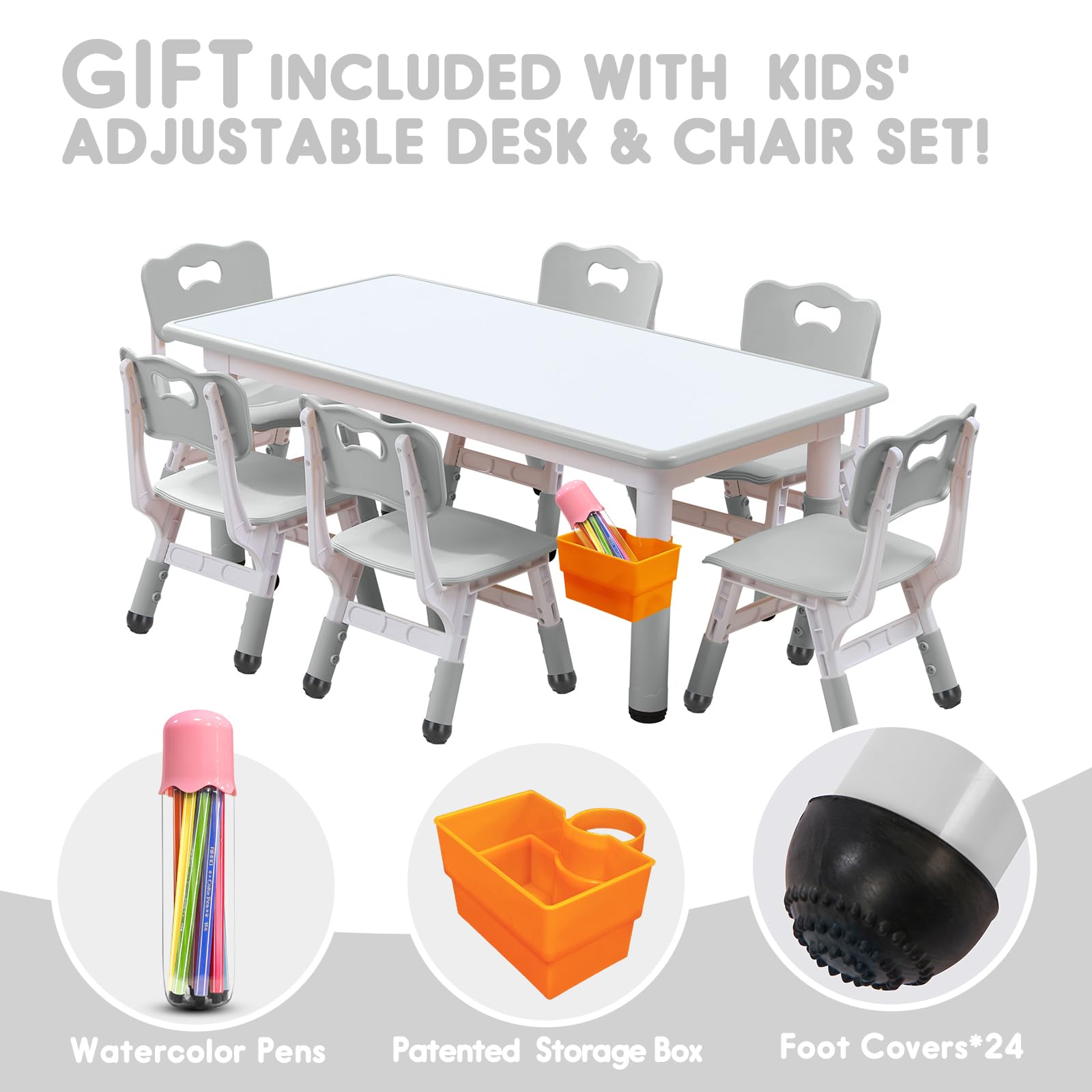 Kids Table and Chair Set - Adjustable Height Snow Grey Plastic Desk with Whiteboard Top & 12 Color Pens (47.2