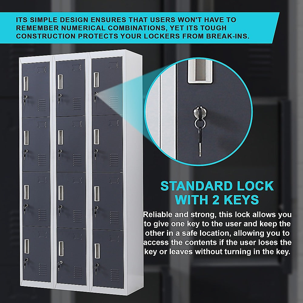 12-Door Locker with Standard Lock & Keys - Secure Storage for Office, Gym, Shed, School & Home | Ideal for Personal Belongings, Equipment & Valuables Protection