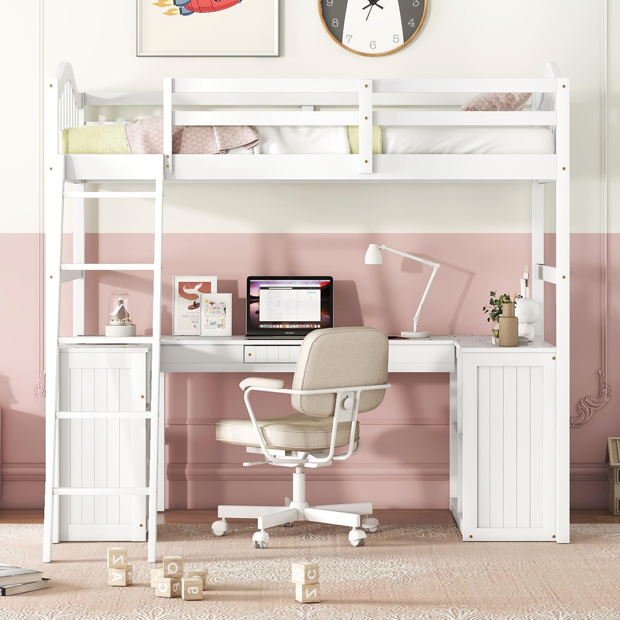 **Twin Loft Bed with Desk, Drawer & Cabinet - Wooden Study Bed for Kids, Teens & Adults - White - Perfect for Dorm Rooms, Small Spaces & Kids' Bedrooms**