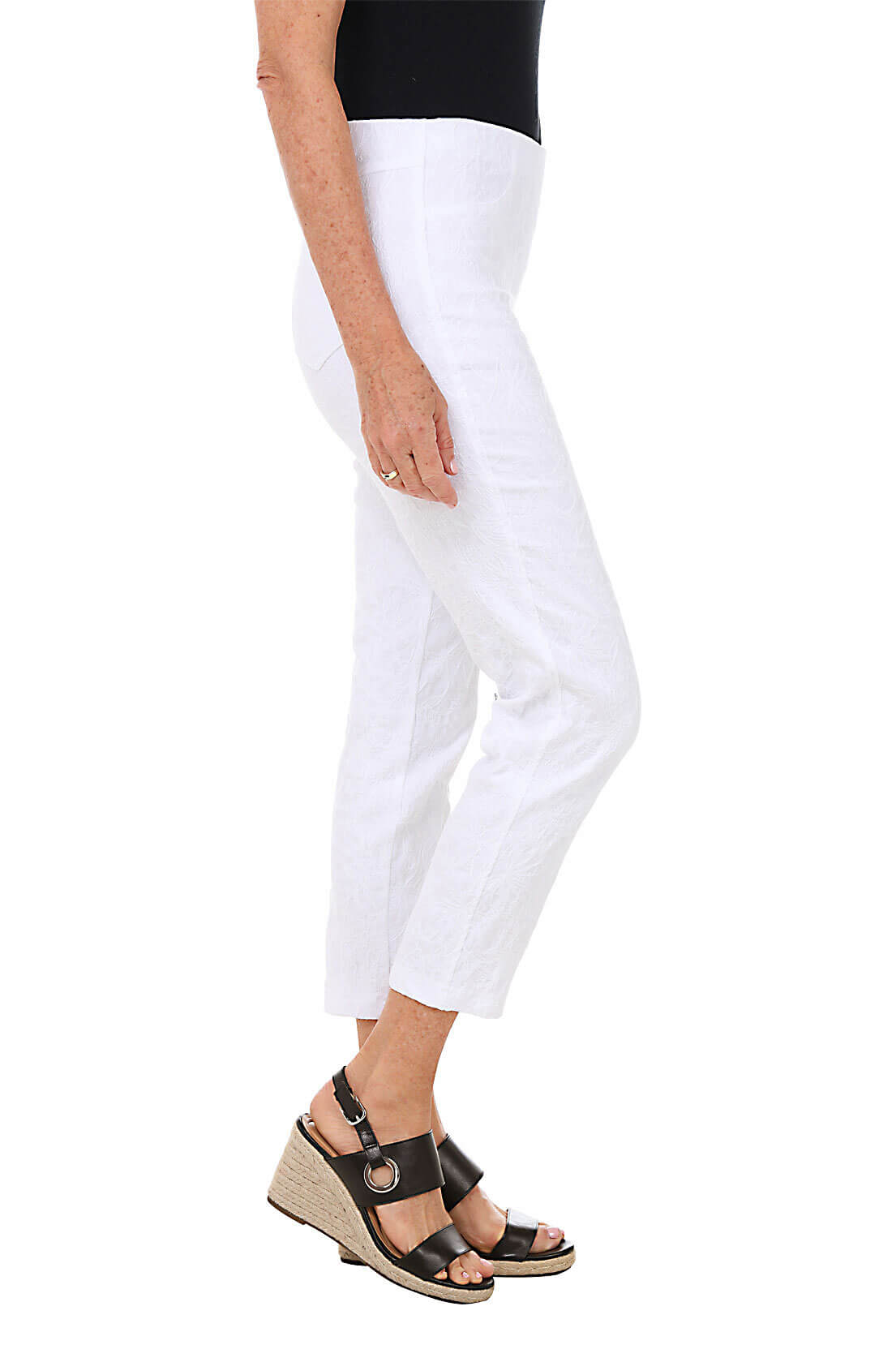Floral Jacquard Pull-On Ankle Pants for Women - Comfortable Stretchy High Waisted Trousers for Work, Travel & Casual Wear
