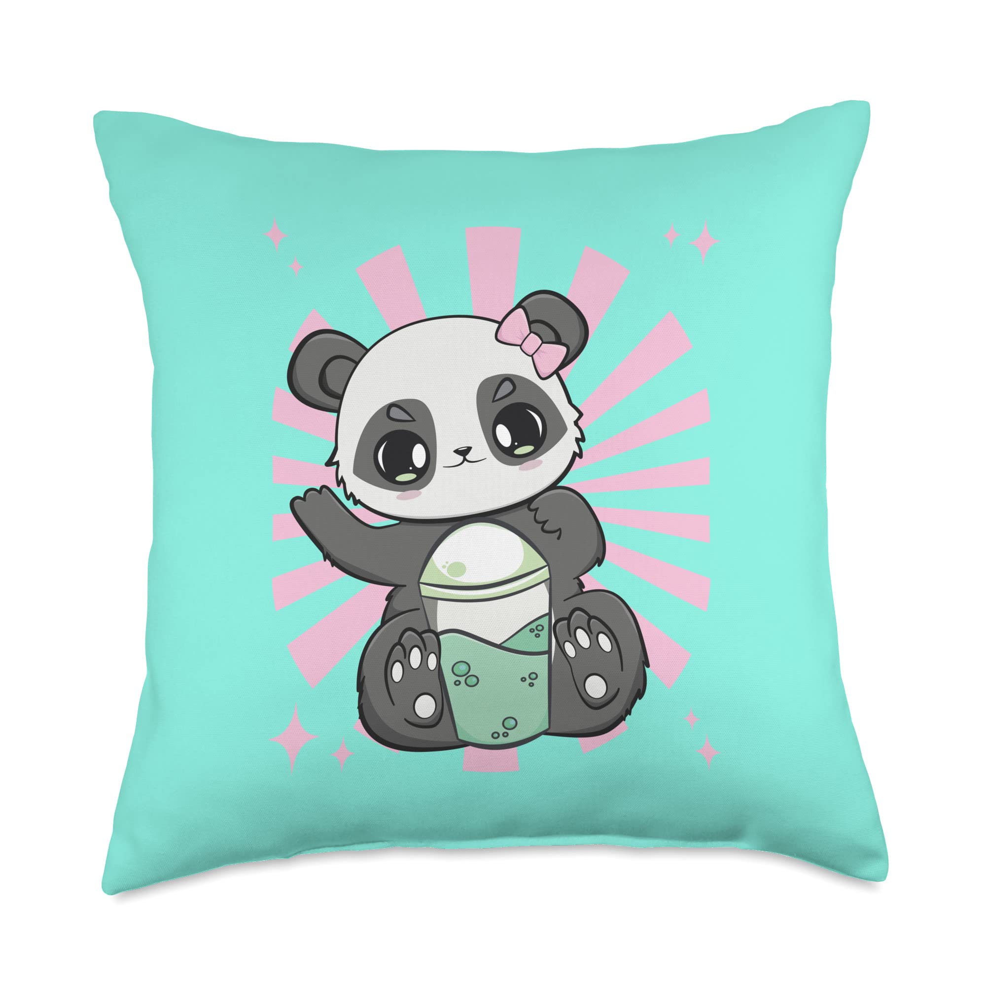 Cute Panda Drinking Black Milk Tea & Bear Design Boba Lover Throw Pillow - 18x18 Inch Multicolor Home Decor for Living Room, Bedroom & Nursery