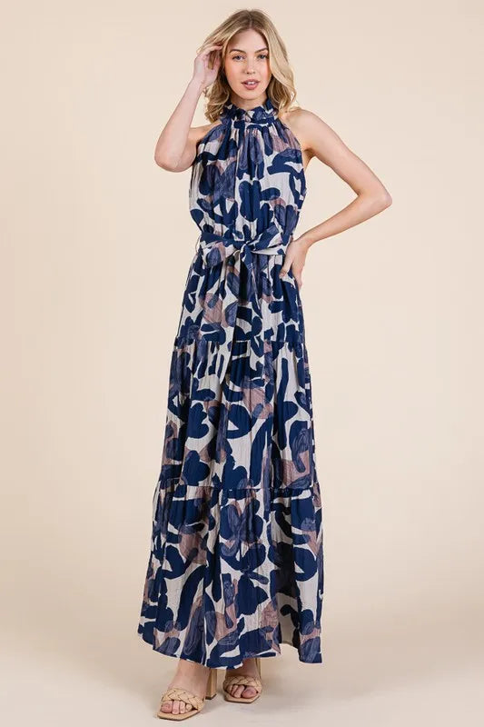 Elegant Halter Neck Tie Waist Tiered Maxi Dress for Women | Summer Beach Vacation Resort Wear | Perfect for Pool Parties, Tropical Getaways and Evening Dinners