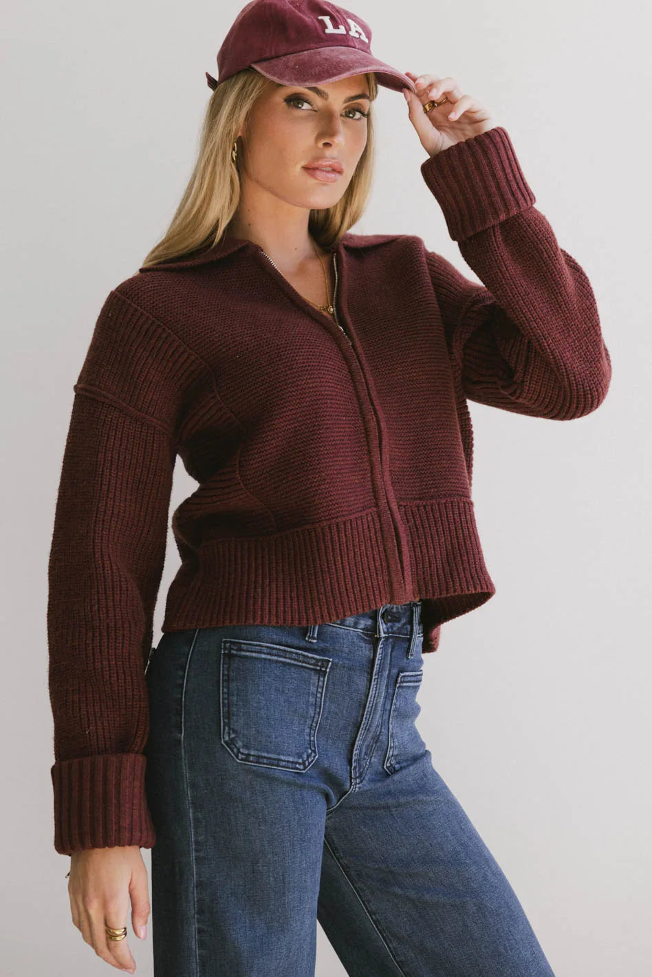 Hallie Zip Up Cardigan Women's Casual Knit Sweater - Brick Red Fall Fashion Outerwear | Perfect for Office Wear, Coffee Dates & Weekend Outfits