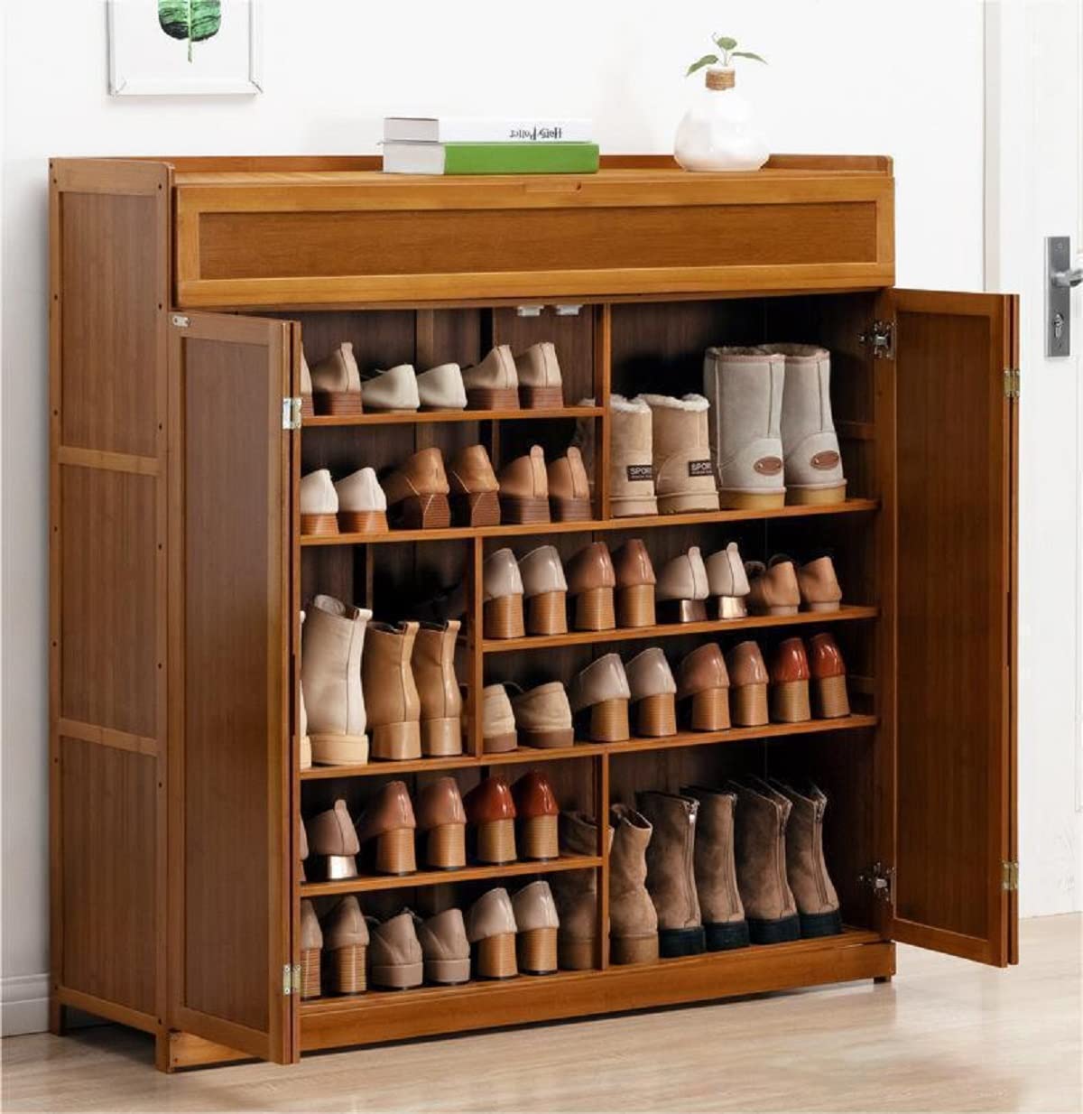 Gdrasuya10 7-Tier Bamboo Shoe Storage Cabinet with 2 Folding Doors - 46