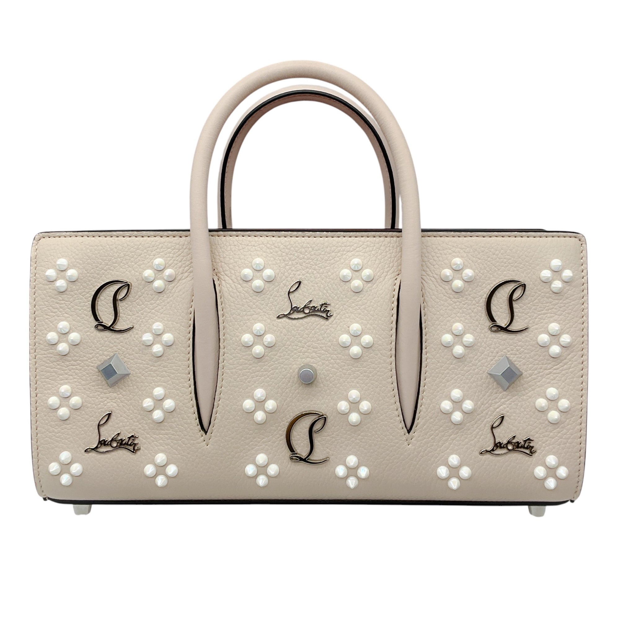 Christian Louboutin Beige Spike Embellished Paloma Leather Top Handle Bag - Luxury Designer Handbag for Women, Perfect for Parties, Weddings & Evening Events