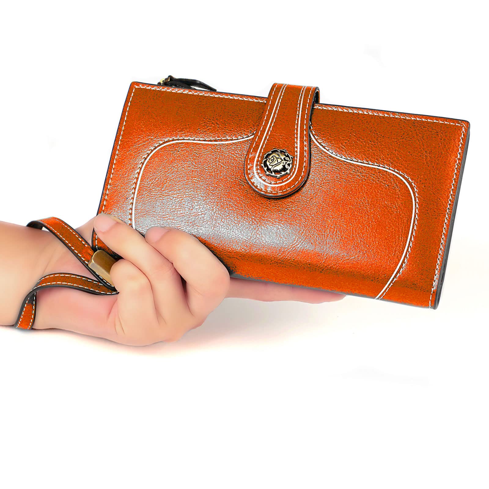 Genuine Leather RFID Blocking Women's Wallet with Large Capacity - Credit Card Holder & Phone Case Clutch Bag for Ladies (Orange, Classic) | Perfect for Travel, Shopping, and Everyday Use