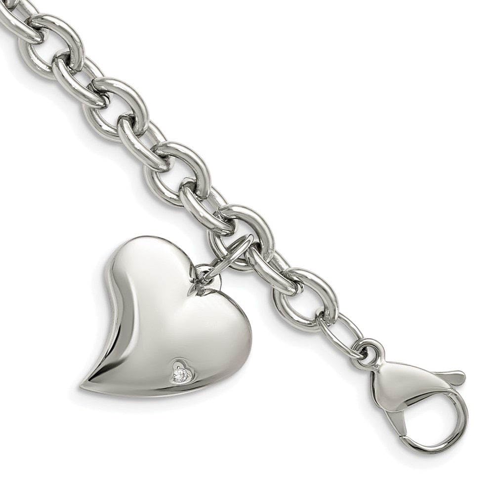 Black Bow Women's 6mm Stainless Steel Heart CZ Charm Bracelet - Perfect for Gifts & Special Occasions