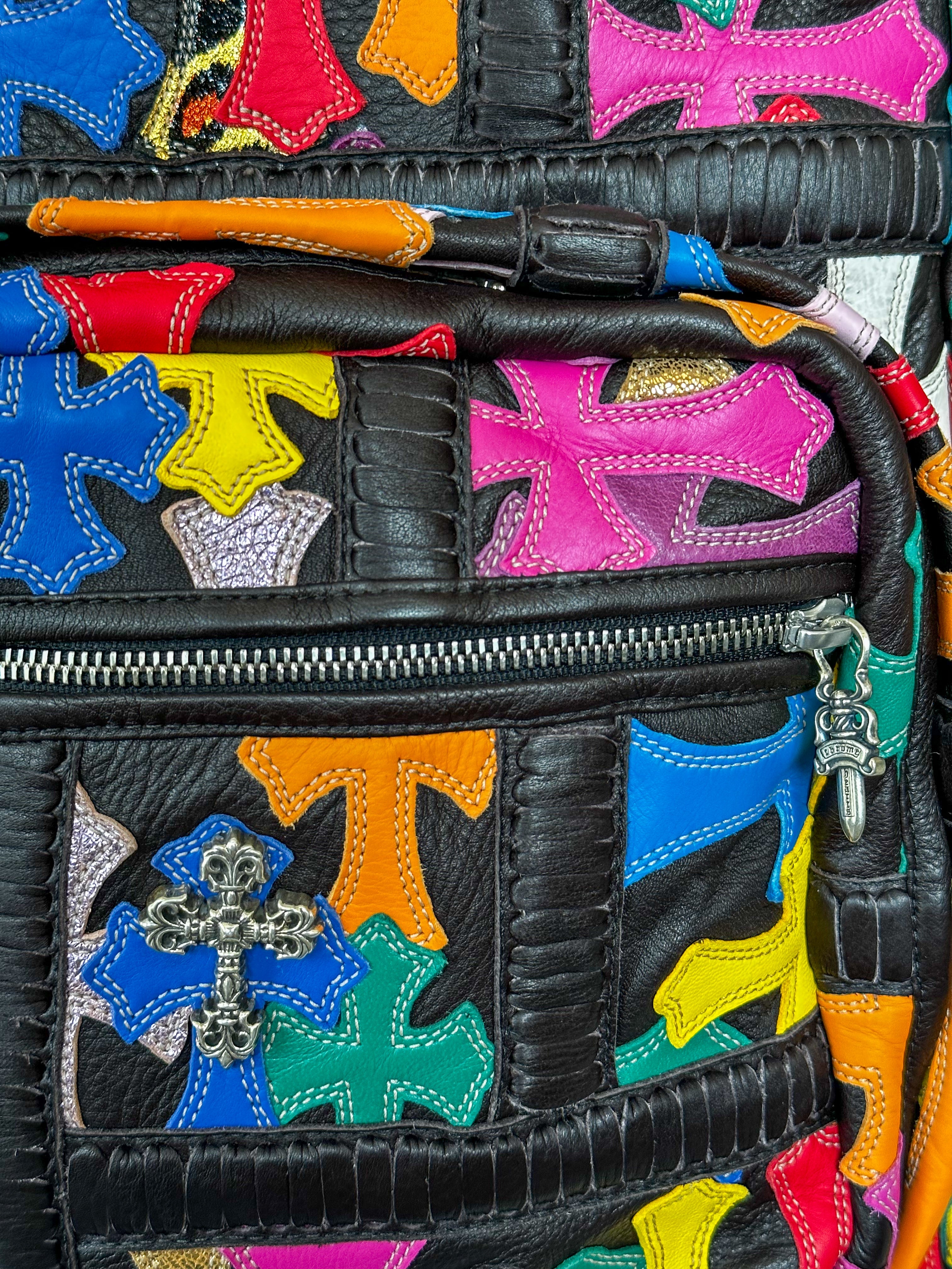 Chrome Hearts Black Multicolor Cross Patch Leather Backpack for Women & Men - Stylish Gothic Fashion Accessory for Travel, School & Everyday Use